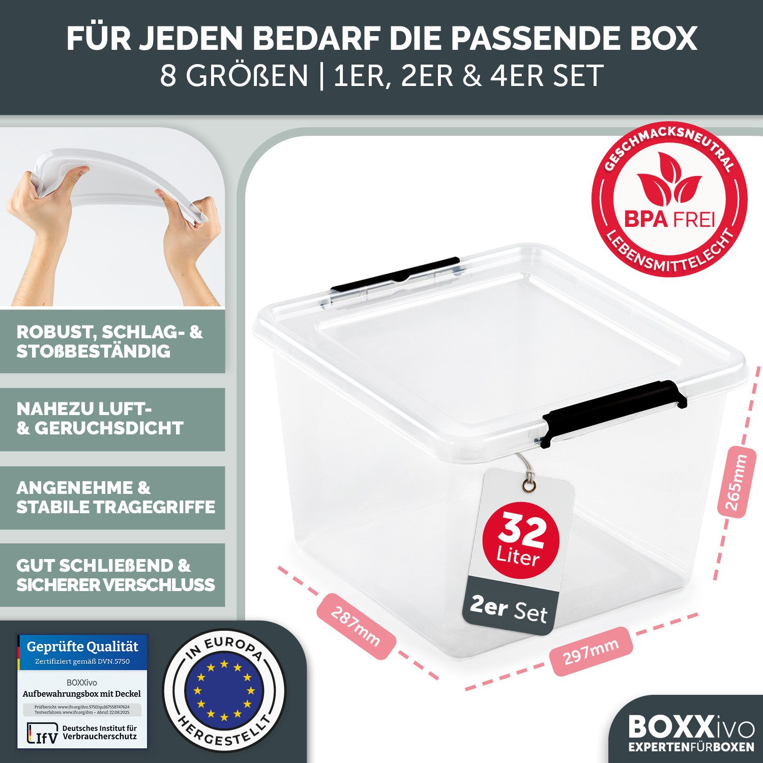 BOXXivo Aufbewahrungsbox Aufbewahrungsboxen mit Deckel BPA-freie & lebensmittelechte Boxen (2 St), Plastikbox mit Deckel - robuste & stapelbare Aufbewahrungsboxen