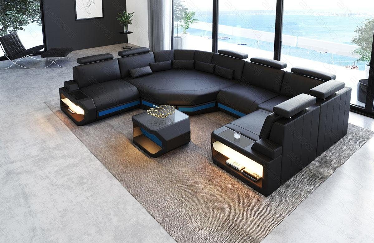 Sofa Dreams Wohnlandschaft U Leder Form Couch, Sofa mit Mini, kleines Asti LED, U Ledersofa Designersofa