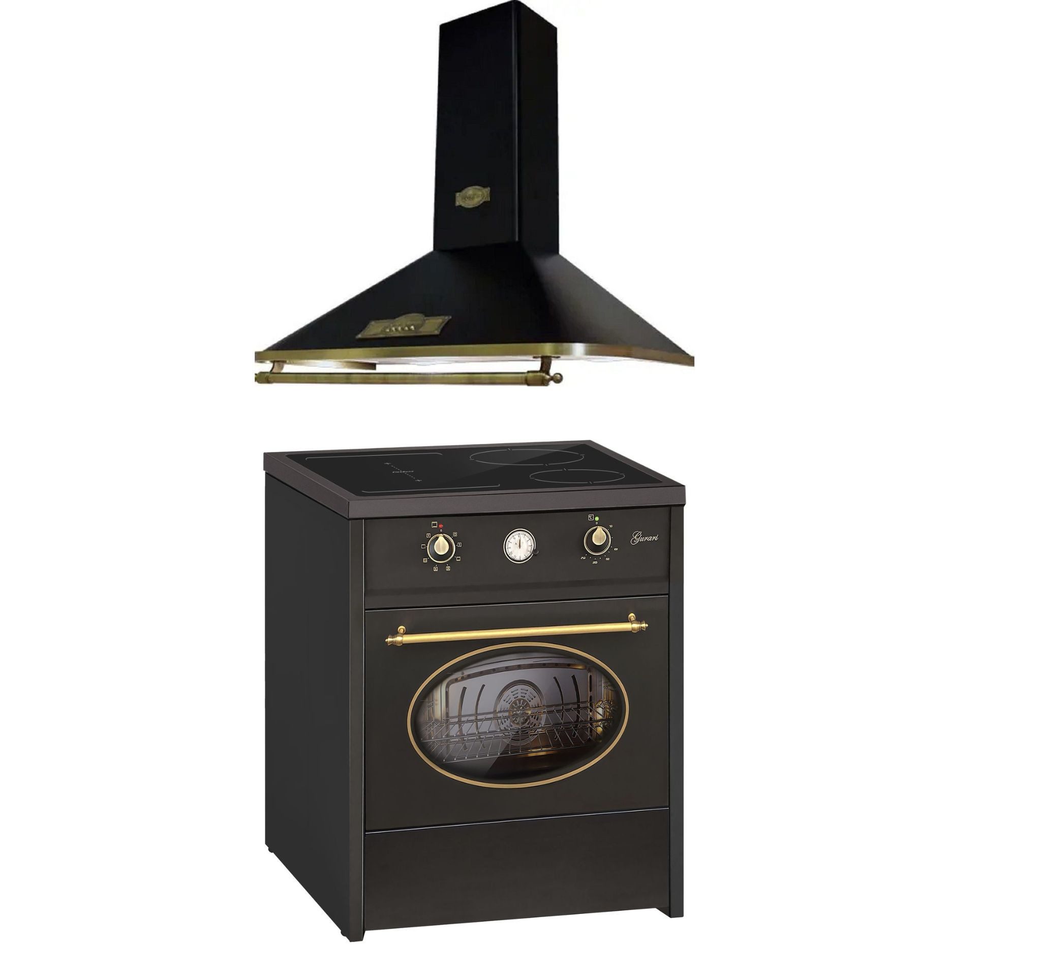 GURARI Induktions-Standherd 60 cm, Induktion, Retro, Schwarz, Range Coocker+Dunstabzugshaube 60 cm 910 m³/h GCH E 612 BL r+A 6315 Em ECO, mit 1-fach-Teleskopauszug
