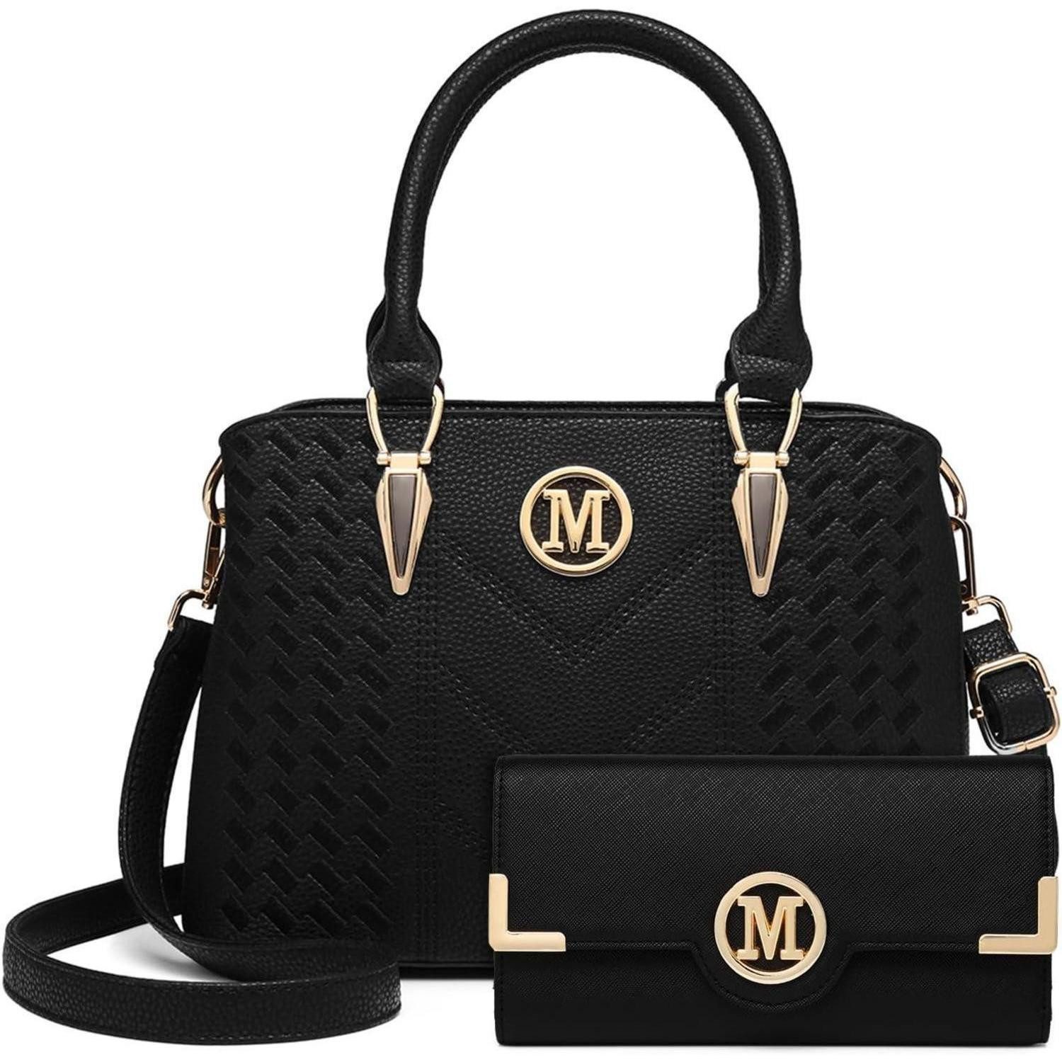LuxusKollektion Henkeltasche Handtasche Damen Henkeltasche Lychee Muster 2-1 Schwarz mit Geldbörse
