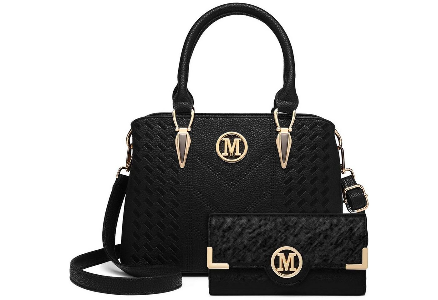 LuxusKollektion Henkeltasche Handtasche Damen Henkeltasche Lychee Muster 2-1 Schwarz mit Geldbörse
