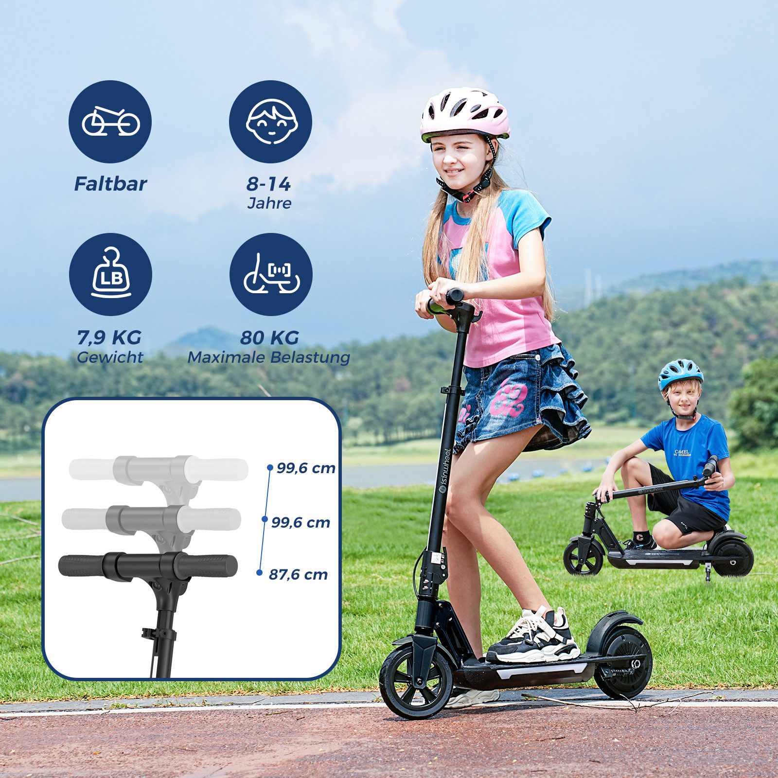 iSinwheel Cityroller Elektroroller für Kinder von 8 bis 14 Jahren, zusammenklappbar, 3-fach höhenverstellbar,8/13/19 km/h, LED-Display