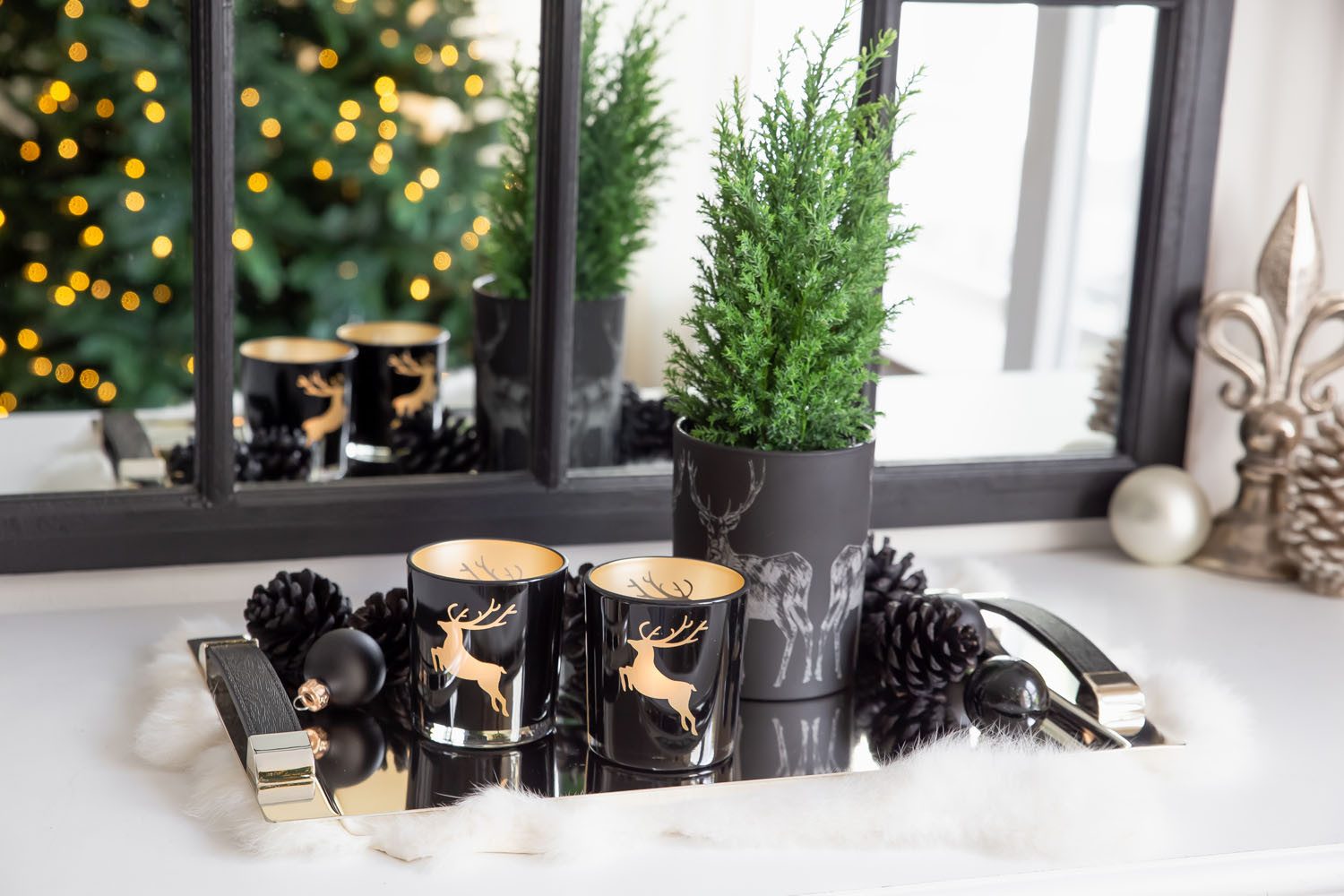 EDZARD Windlicht Elsa, 2er-Set, Glas, Hirsch-Motiv, schwarz, H 8 cm, Ø 7 cm