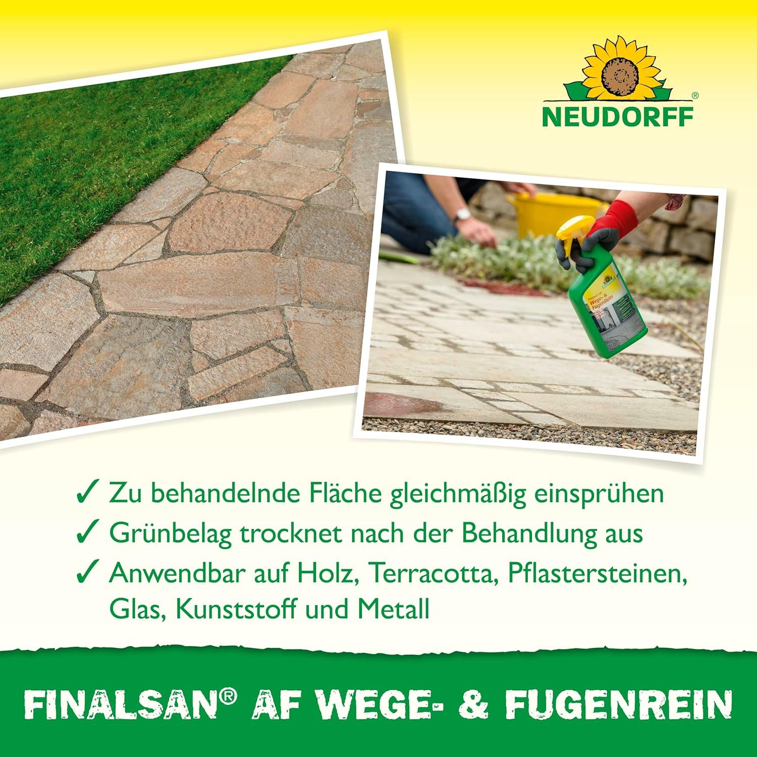 Neudorff Unkrautbekämpfungsmittel Finalsan AF Wege- und FugenRein 1 Liter, 1000 ml, Gebrauchsfertiger Grünbelagentferner entfernt Grünbelag und Algen, wirksam in 3 Stunden und monatelang