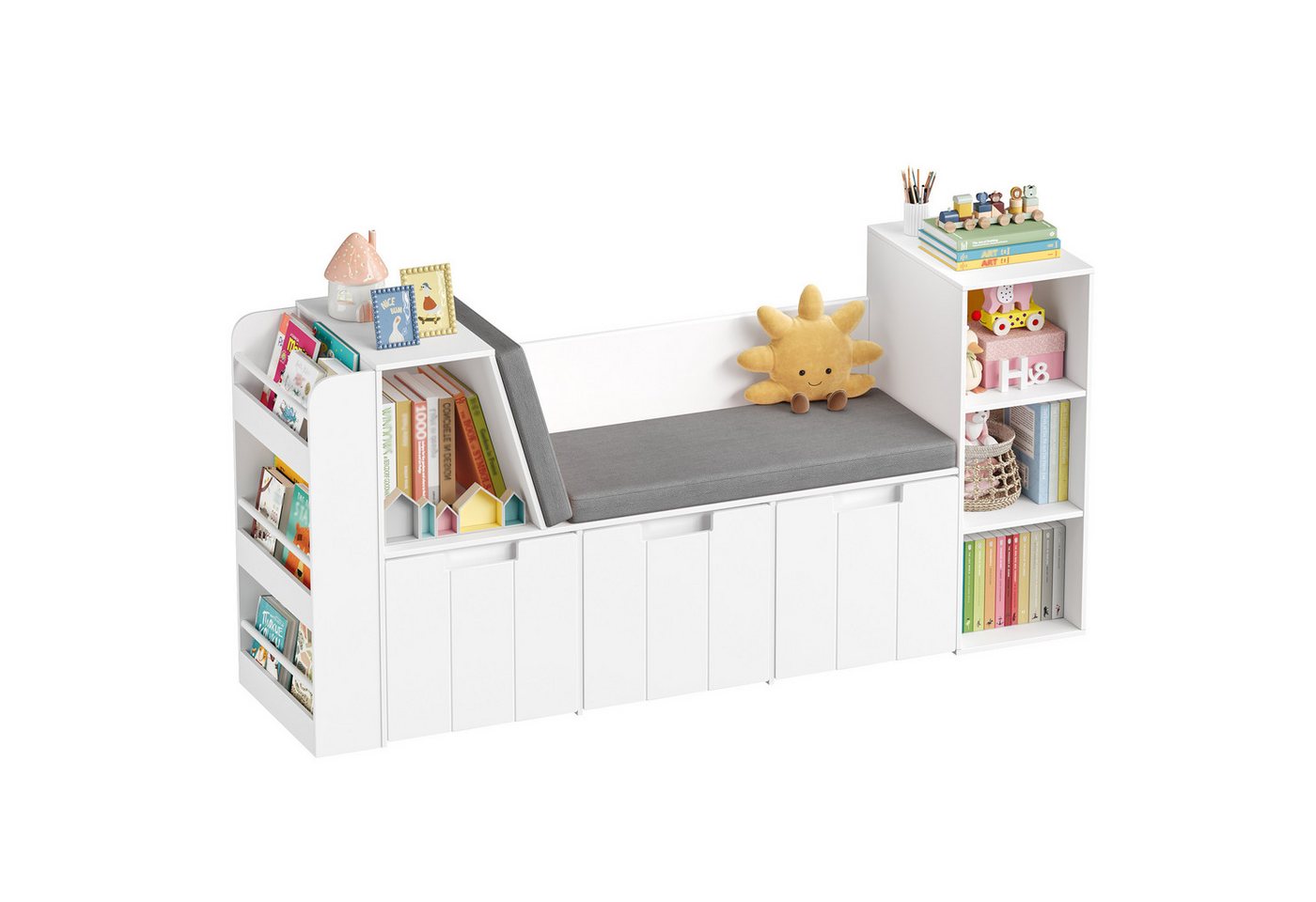HOMECHO Spielzeugtruhe, 156cm Kinderregal mit Sitzbank, Boxen auf Rollen