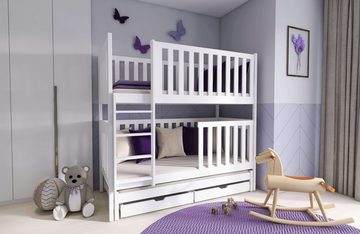 thematys Etagenbett Stockbett Hochbett Kinderbett 90x200 + Lattenrost und Rausfallschutz (für 2 oder 3 Kinder), mit Ausziehbett, zwei Schubladen, umbaubar zu drei Einzelbetten