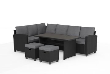 KONIFERA Gartenlounge-Set Georgia, (Set, 2x 3er Bank, 2x Hocker, 1x Tisch 145x74x67cm, Stahl, Polyrattan), inkl. Auflagen, Schwarz, Tischplatte aus Nonwood