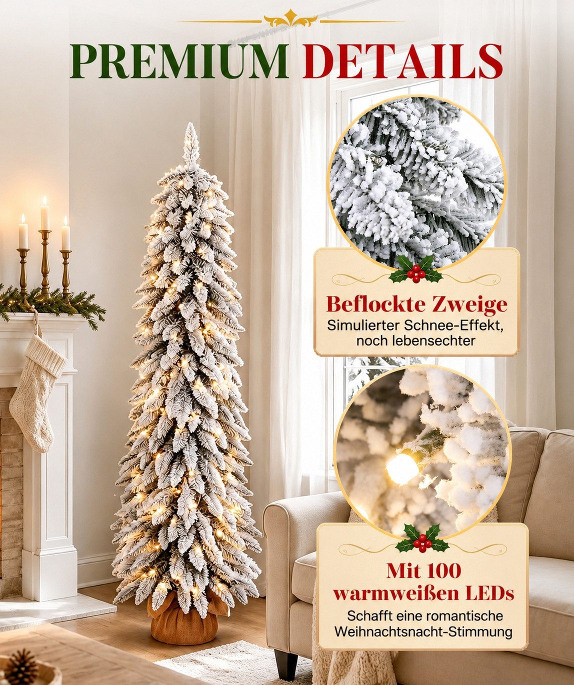 Yorbay Künstlicher Weihnachtsbaum Schlank Christbaum beflockt mit warmweißen LED Beleuchtung, Fichte, Pencil tree für Weihnachten-Dekor, 120cm, 225 Zweige,100 w – Bild 3 von 5