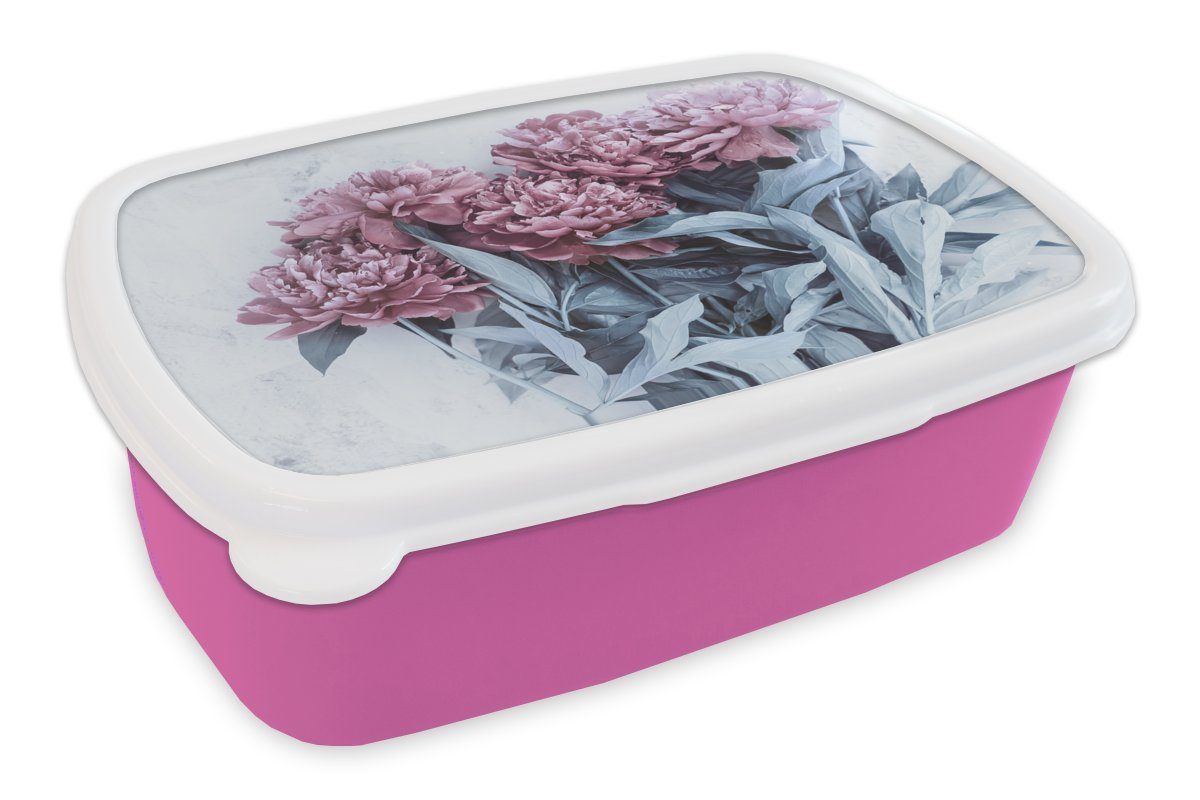 MuchoWow Lunchbox Rosa Pfingstrosen auf Marmor, Kunststoff, (2-tlg), Brotbox für Erwachsene, Brotdose Kinder, Snackbox, Mädchen, Kunststoff