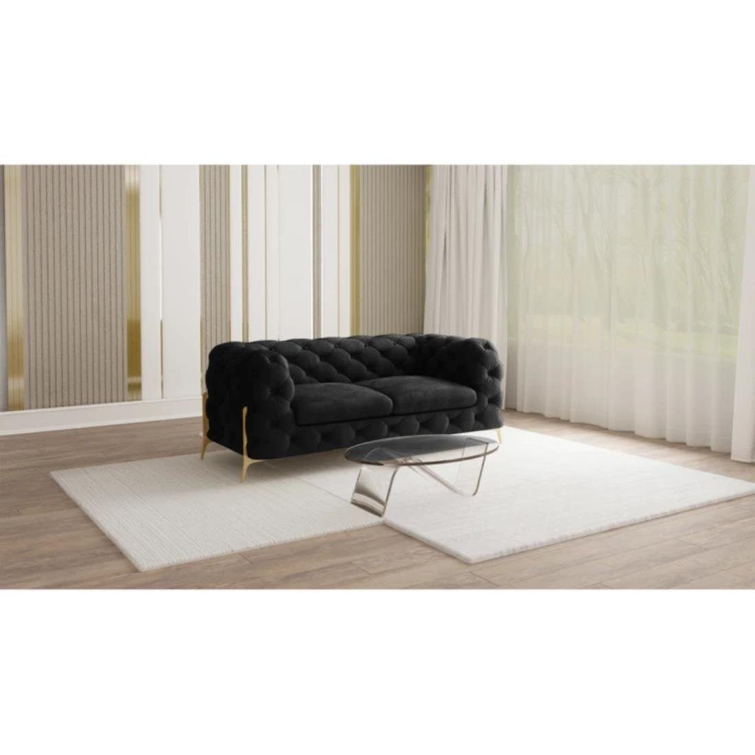 Schwarz 2-Sitzer Möbel Chesterfield Ashley Wellenfederung mit S-Style mit Sofa Goldene Metall Füßen,