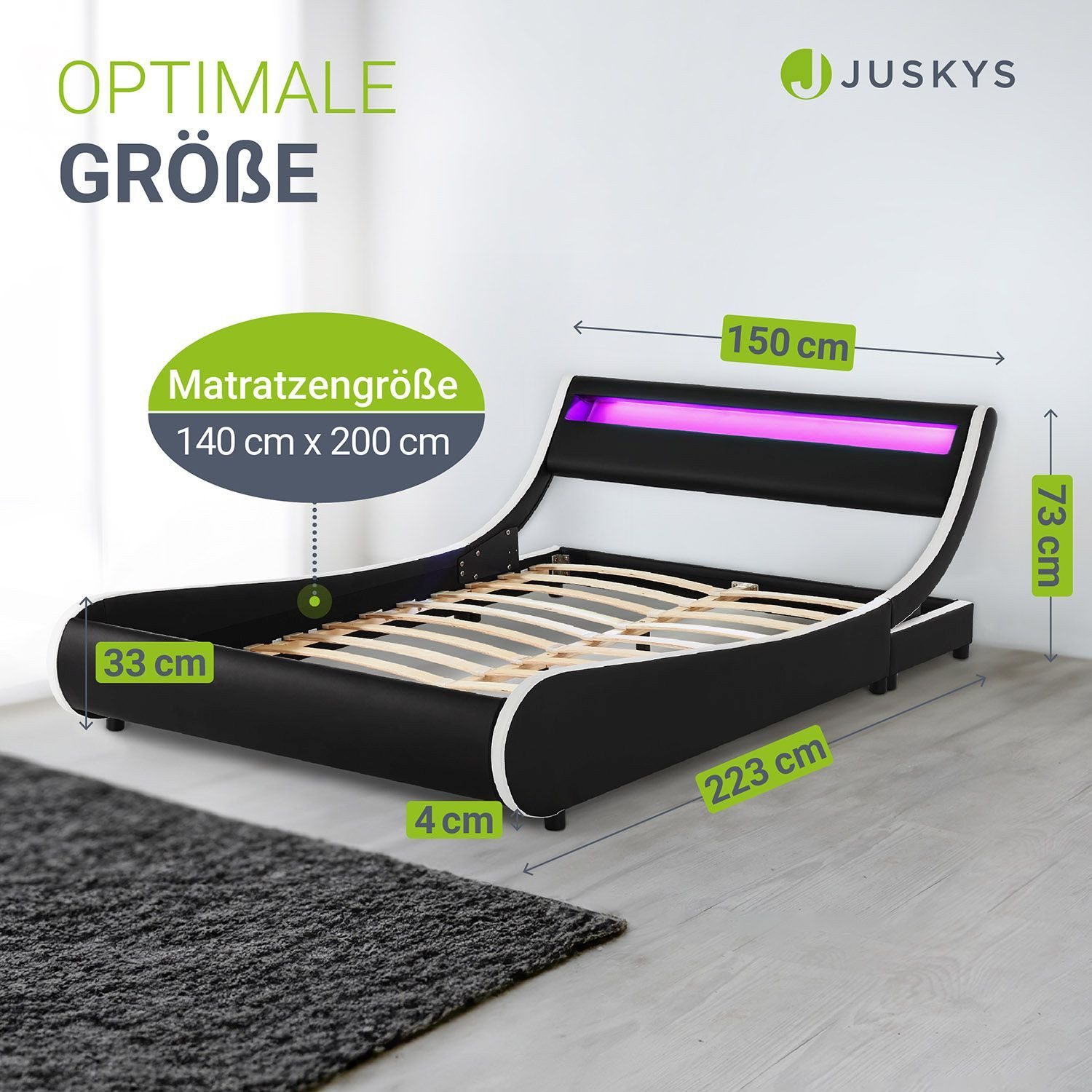 Juskys Polsterbett Valencia, 140 x 200 cm, Doppelbett mit Lattenrost, LED-Beleuchtung und Fernbedienung