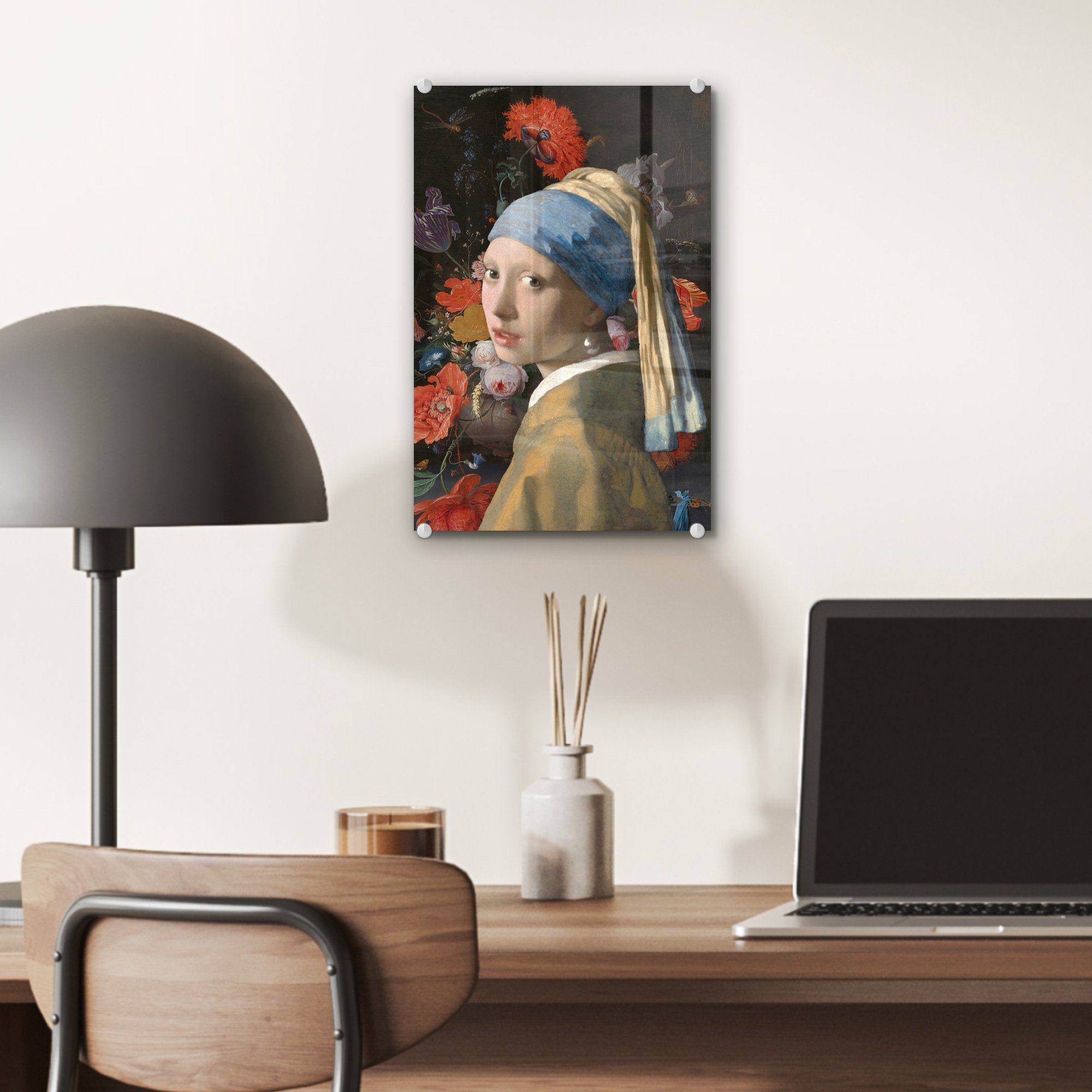 MuchoWow bunt auf auf St), Glasbilder - (1 Mädchen dem Bilder Vermeer Foto Das Acrylglasbild - Johannes Blumen, mit Perlenohrring - Glas Wanddekoration Wandbild Glas - -