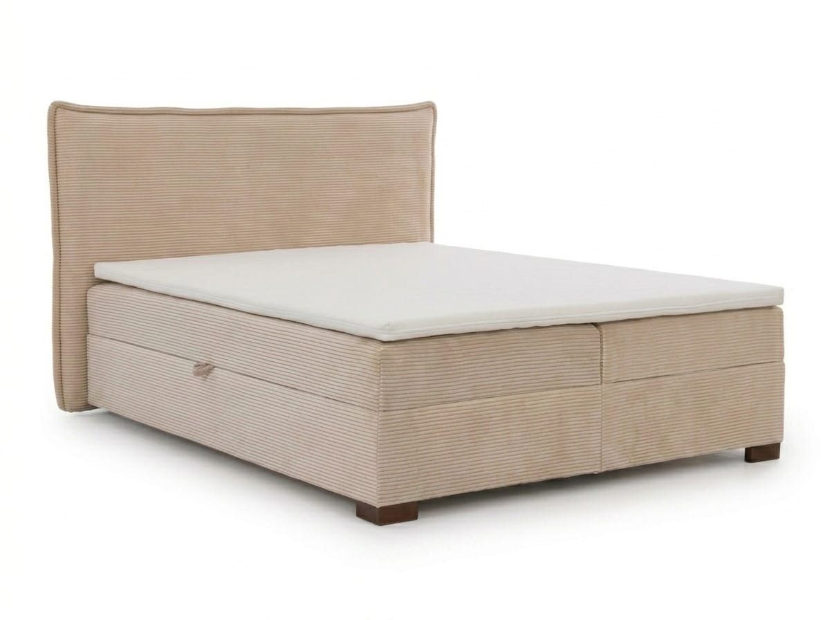 JVmoebel Boxspringbett Beiges Bett 160x200 mit Matratze, Stauraum und Kopfteil (1-St., 1-tlg), Kopfteil mit modernem Design
