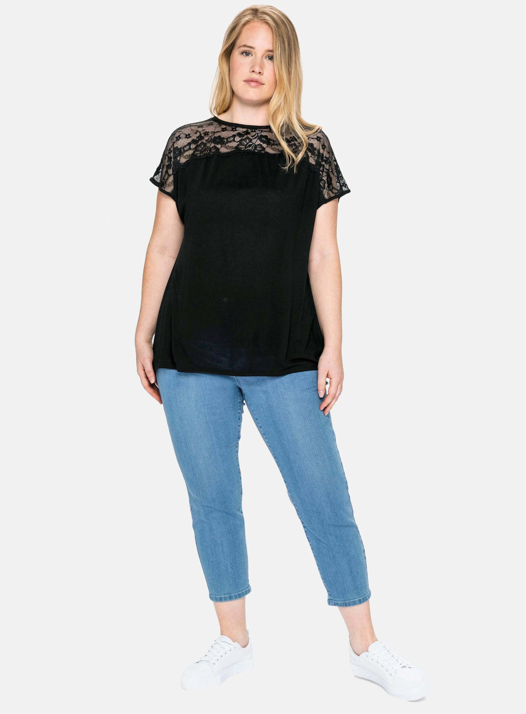 Sheego T-Shirt Spitzenshirt Kurzarm mit Spitzenpasse an der Schulterpartie günstig online kaufen