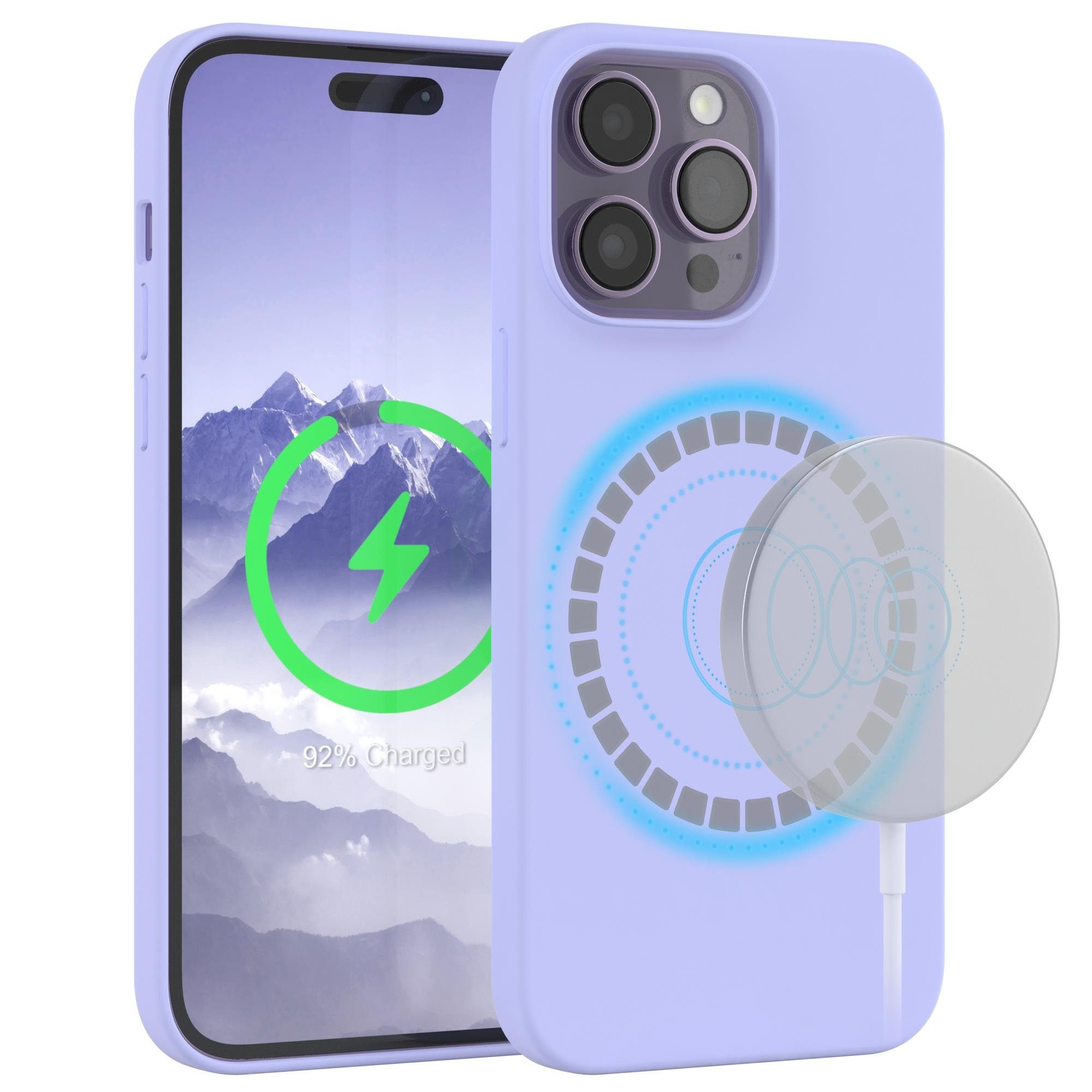 EAZY CASE Handyhülle Silikonhülle mit MagSafe für iPhone 14 Pro Max 6,7 Zoll, Handytasche aus Silikon Slimcover mit Displayscchutz Violett Lavendel