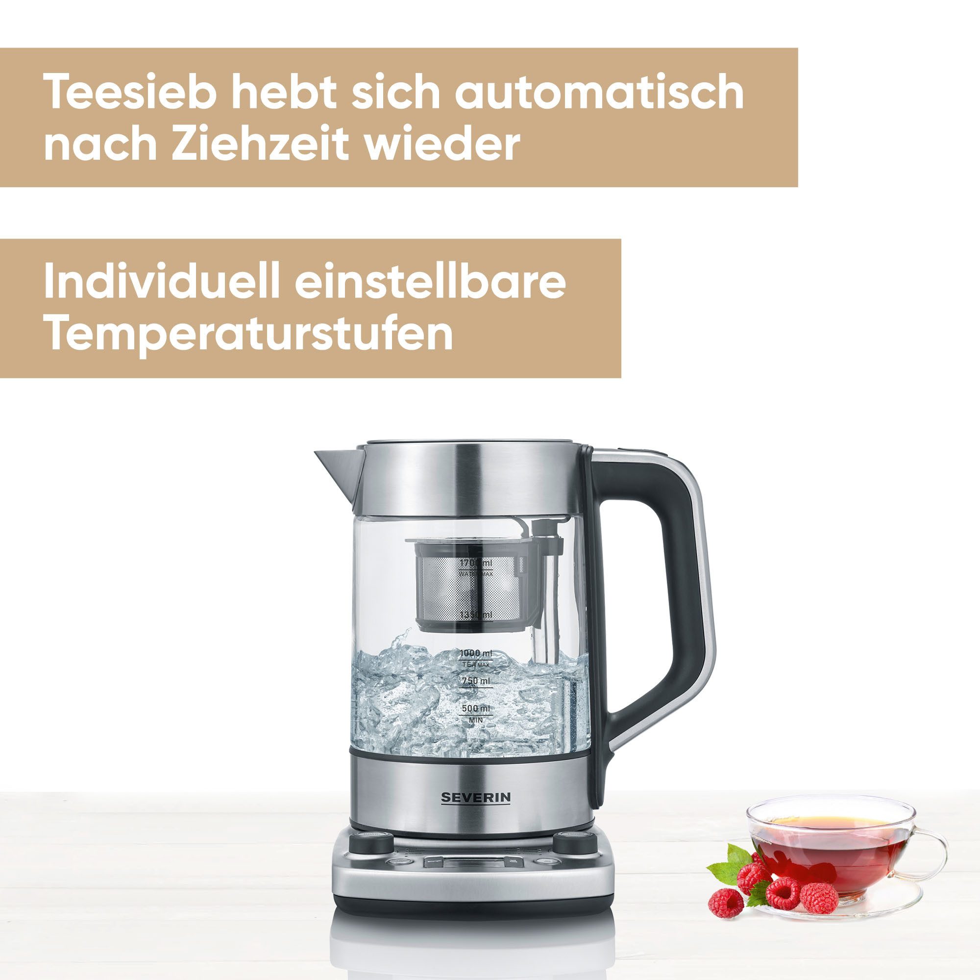 Severin Wasser-/Teekocher WK 3422, 3000 W, Temperaturstufen von 40°C – 100°C in 5°C-Schritten wählbar