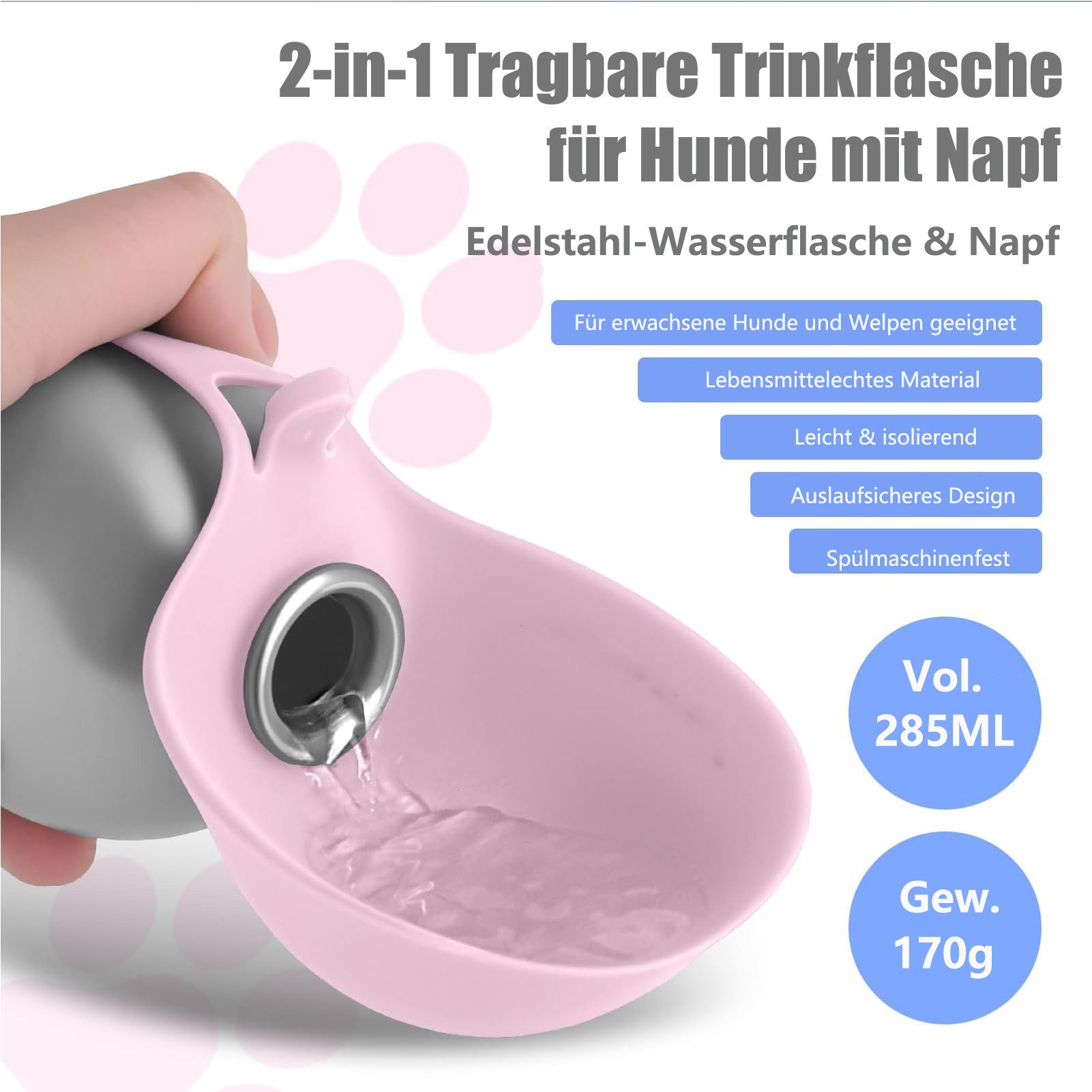 FOUORTUNATE-BEE Reisenapf 285 ml Edelstahl Hunde Trinkflasche für Unterwegs, mit Faltbarem Silikonnapf für Spaziergänge, Wanderungen & Reisen