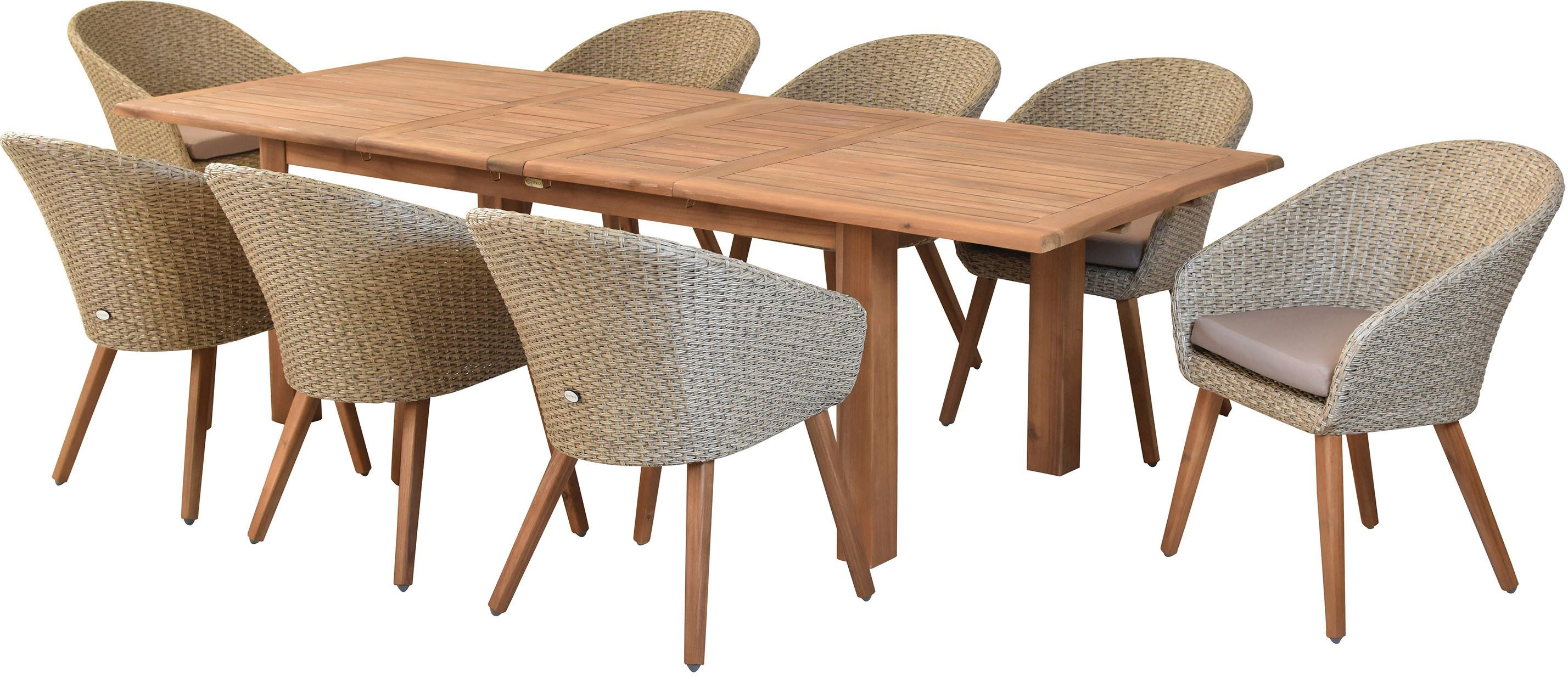 MERXX Garten-Essgruppe »Arrone«, (Set, 9-tlg., Tisch doppelt ausziehbar: 100x 180/220/260x 75 cm), Sesselbeine aus Akazienholz, Beine 9x9 cm, Tischplatte 3 cm