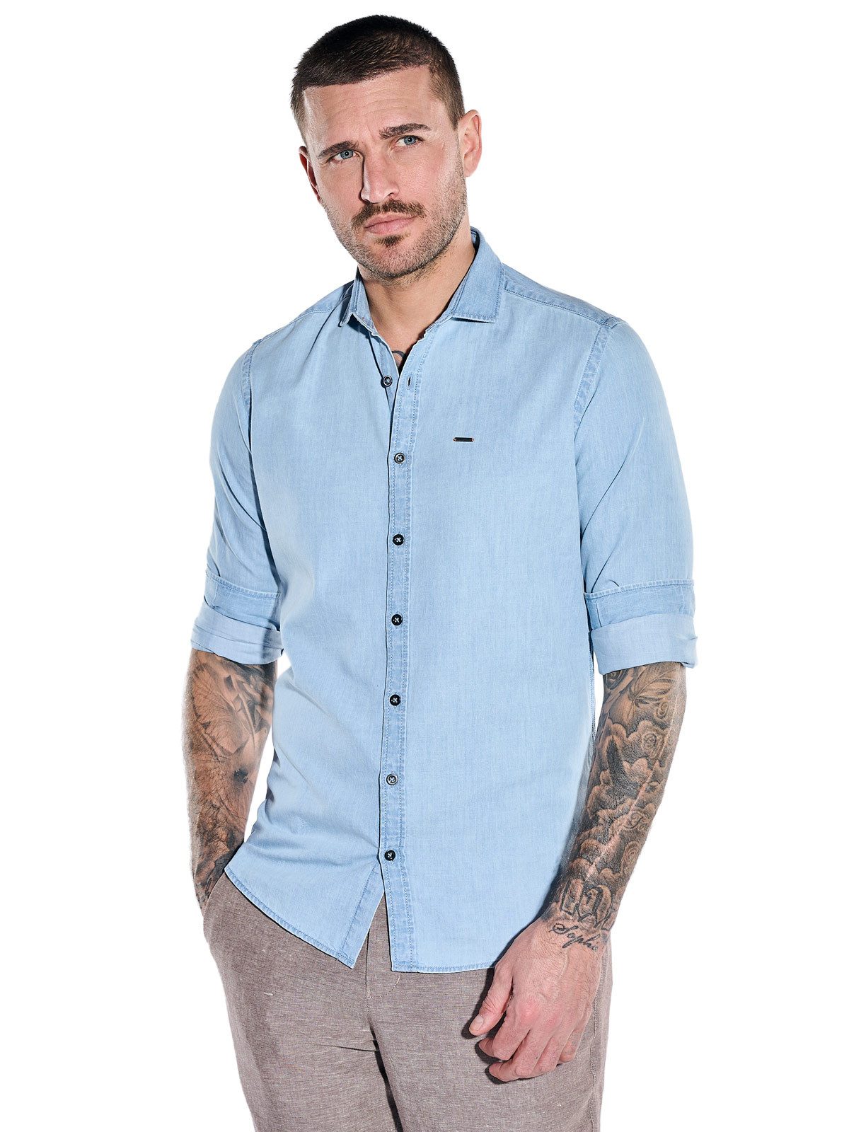 emilio adani Langarmhemd Herren Hemd aus Soft-Denim, Hellblau