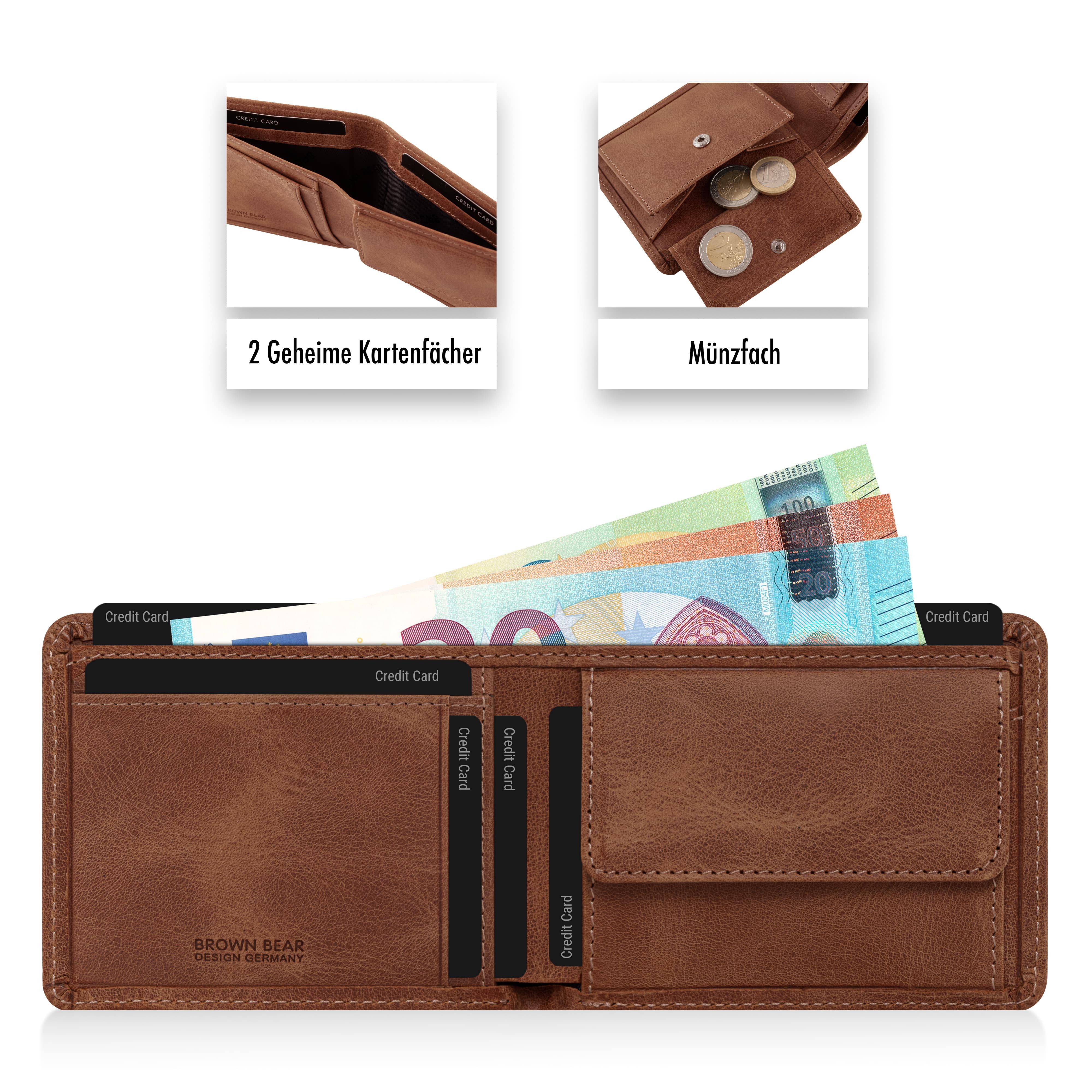 Brown Bear Geldbörse 8061 - mit 6 Kartenfächern und RFID-Schutz, aus Echtleder Farbe Vintage-Whiskey