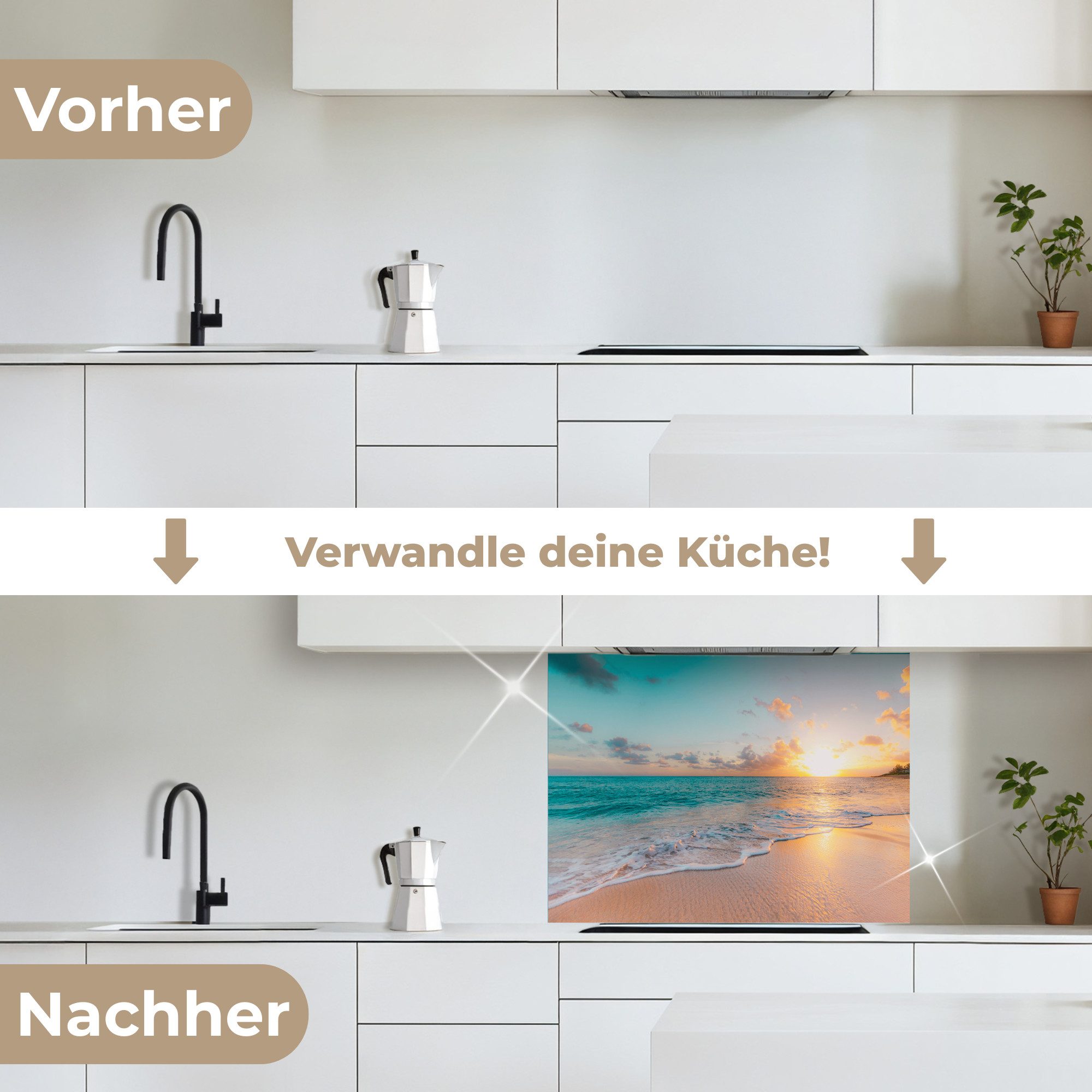 KitchenYeah Küchenrückwand selbstklebend Sonnenuntergang - Strand - Meer - Sommer - Blau, (1-tlg), Spritzschutz, Küche, Rückwand, Küchenwand, Küchenfront, 80x60 cm