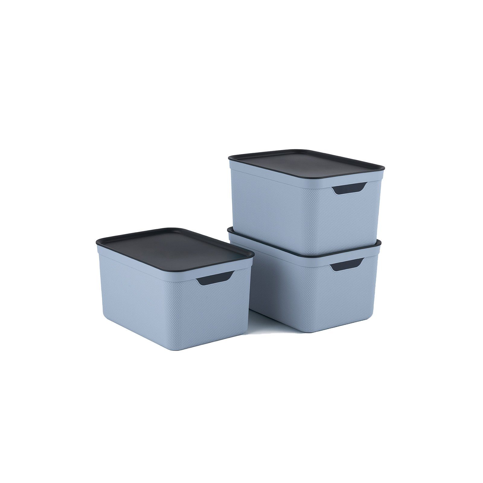 ROTHO Aufbewahrungsbox Jive Dekobox 3er- Set Aufbewahrungskorb 16l mit Deckel (Aufbewahrungsboxen, 3er-Set) Blue Fog ged.