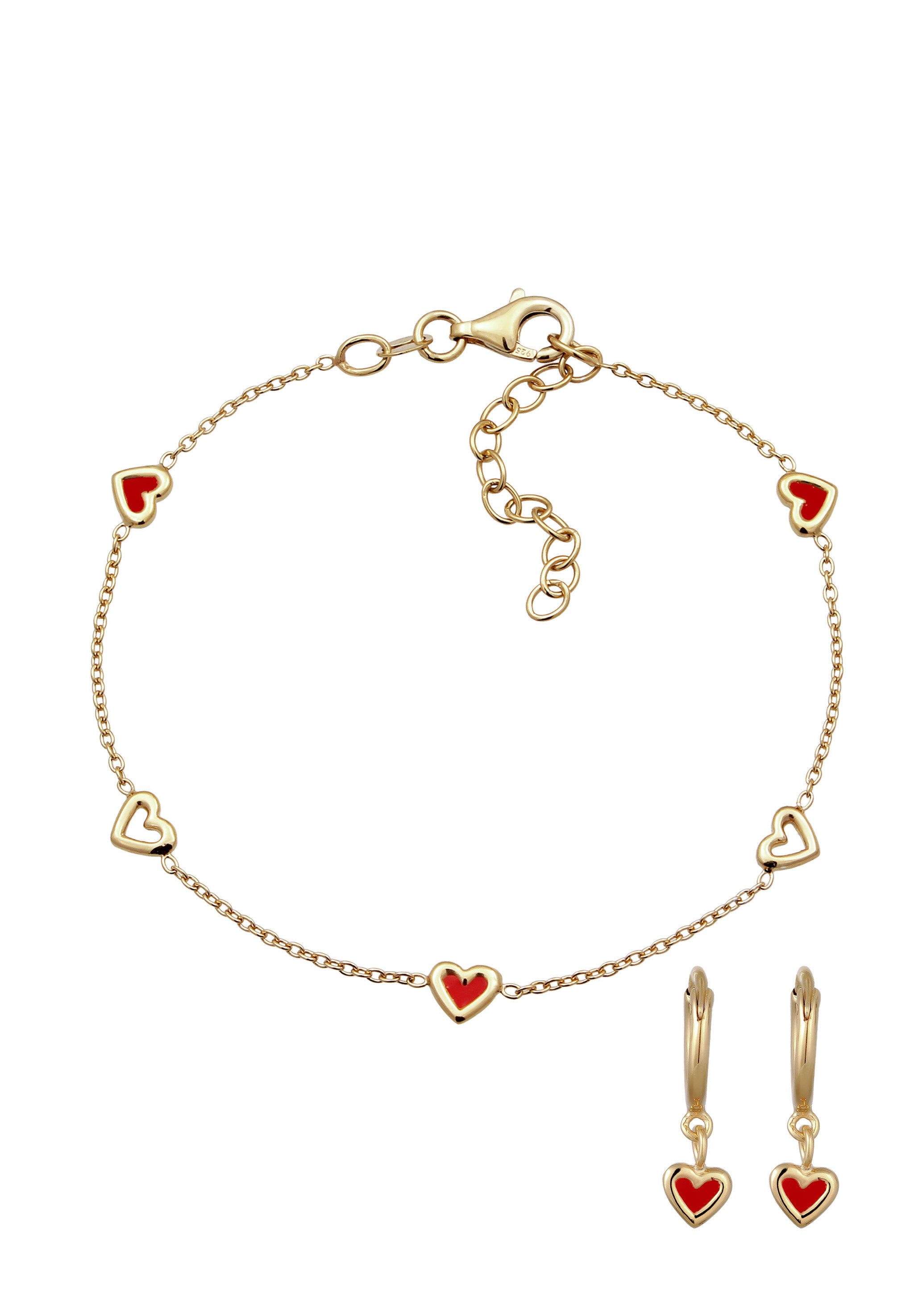 Elli Schmuckset Herz Emaille Rot 925 Sterling Silber vergoldet