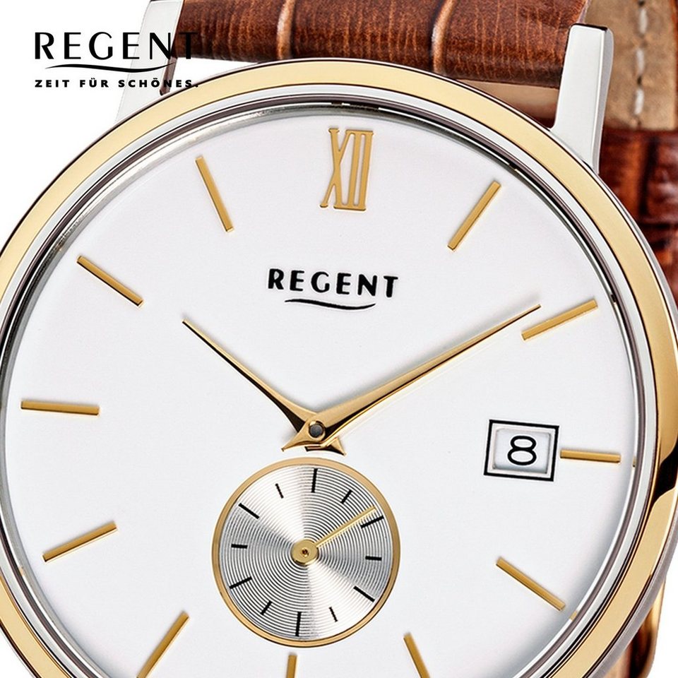 Regent Quarzuhr Regent Herren-Armbanduhr braun Analog, Herren Armbanduhr  rund, mittel (ca. 38mm), Lederarmband