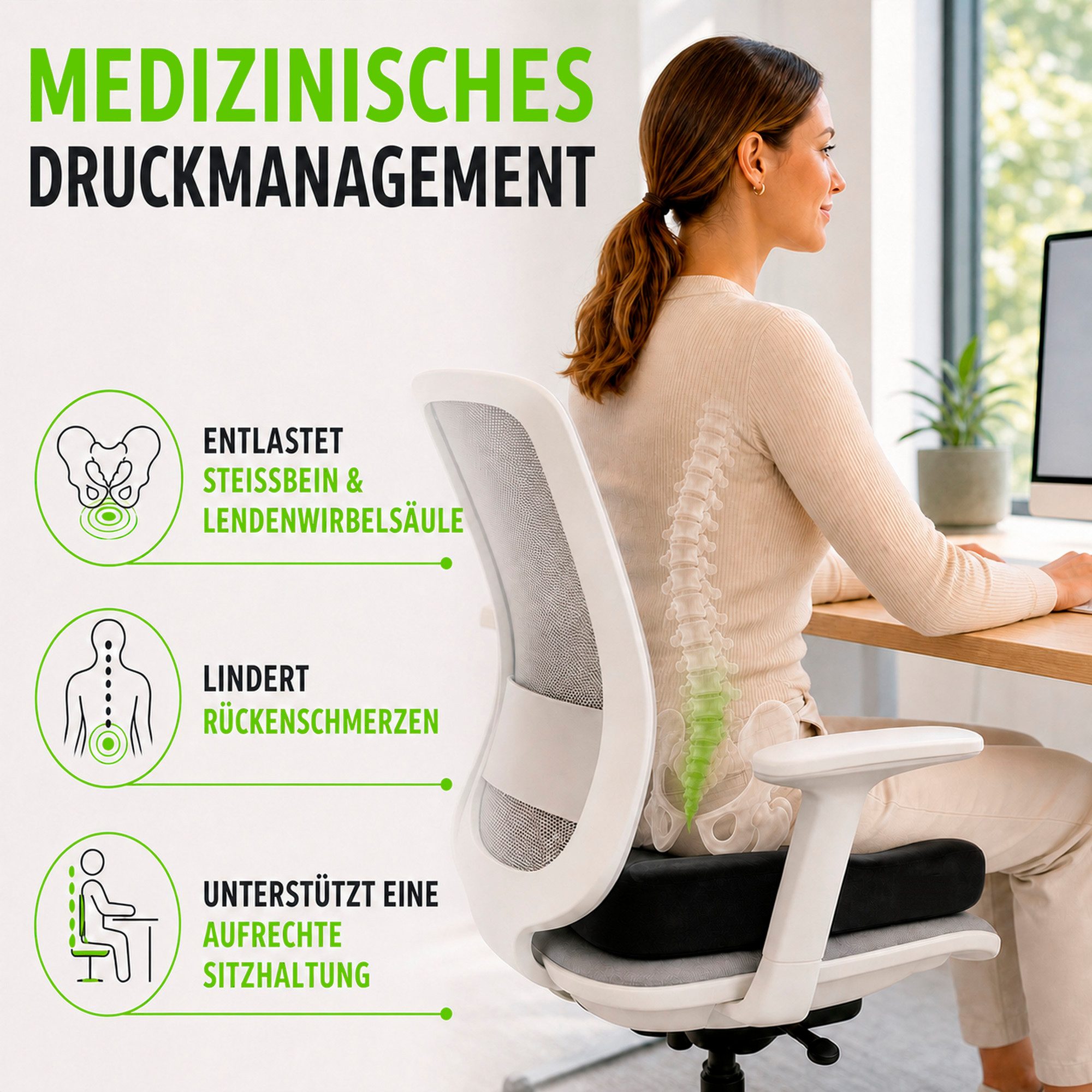 feela Sitzkissen Orthopädisches Kissen – Ergonomisch, 3 Härtegrade bei Rückenschmerzen, Fördert gesundes Sitzen & entlastet Rücken – Zuhause, Büro & unterwegs