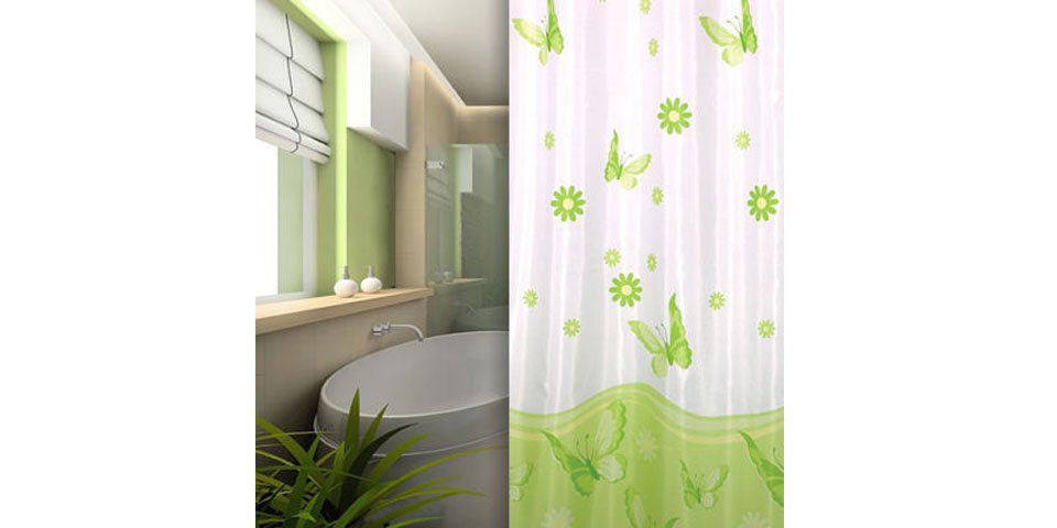 KS Handel 24 Duschvorhang Textil Duschvorhang weiss grün Schmetterlinge  240x180 cm inkl. Ringe Breite 240 cm