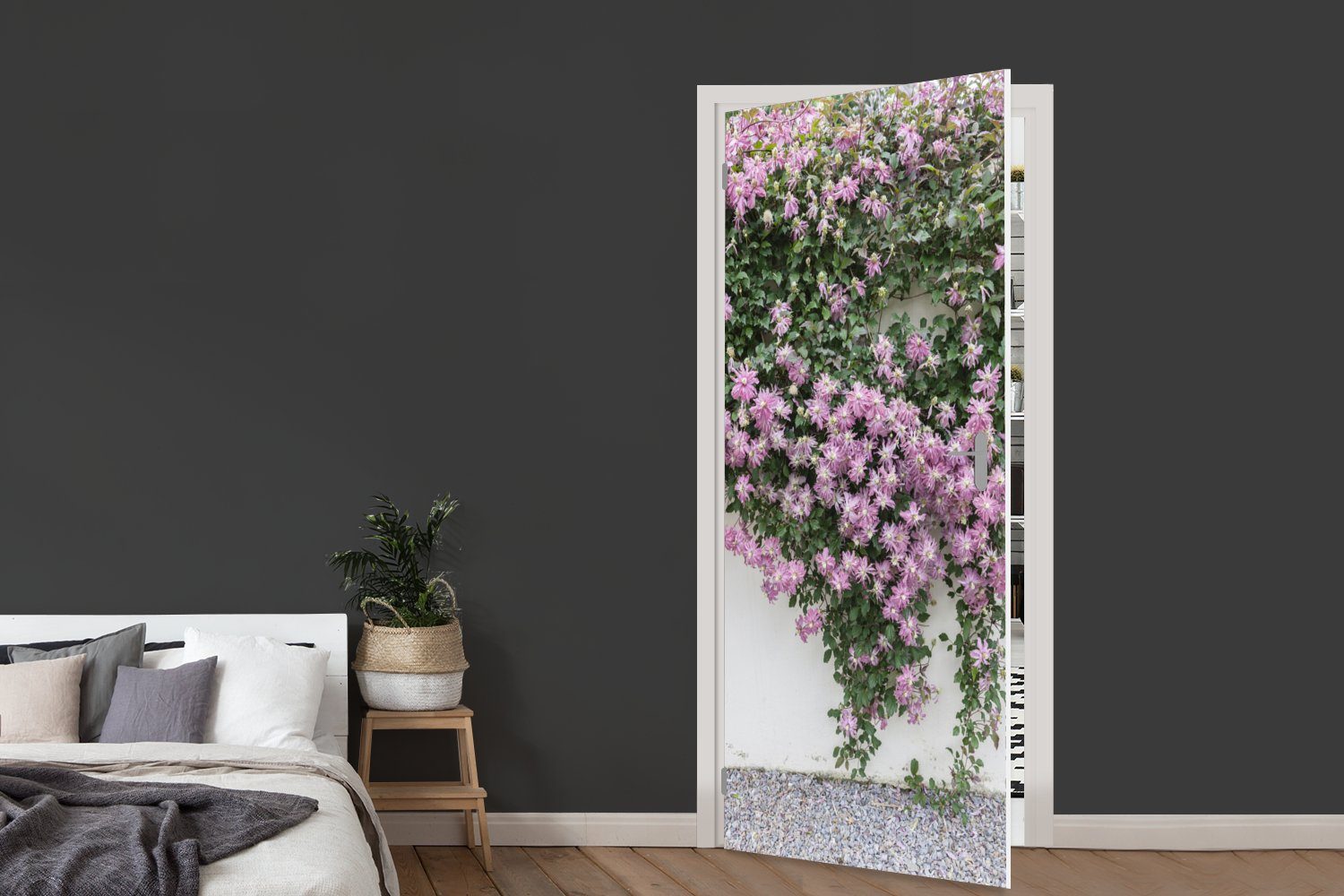 Türaufkleber, mit Blüten, Schlingpflanze Tür, Fototapete MuchoWow für cm Türtapete St), (1 75x205 bedruckt, Matt, rosa