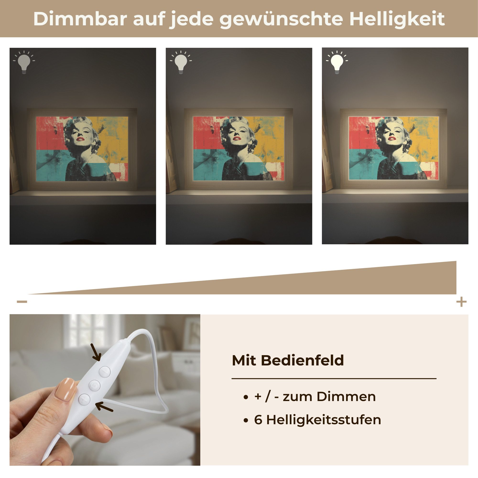 OnlyWow Wandleuchte Lightbox Frau - Rote Lippen - Abstrakte Farbfelder - Pop-Art-Stil, Dimmbar, Farbwechsel, LED, Warmweiß, Kaltweiß, Neutralweiß Einstellbar, Wandlampe Innen, Dimmbar, mit Kabel, LED, Modern, Flur