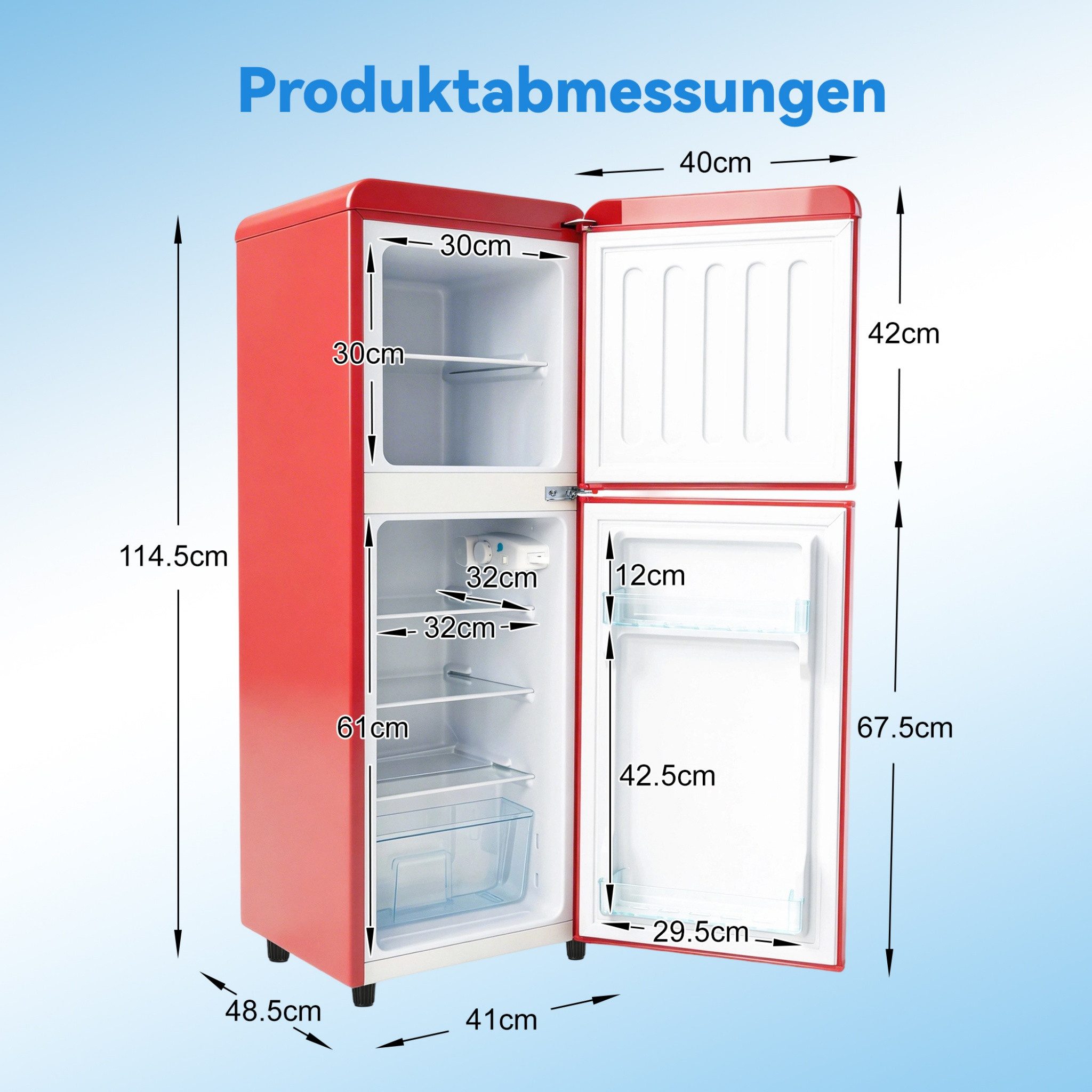 Blossom Kühlschrank 112L BCD-112R, 114.5 cm hoch, 41 cm breit, 7 Temperaturstufen LED für Küche Büro Wohnzimmer