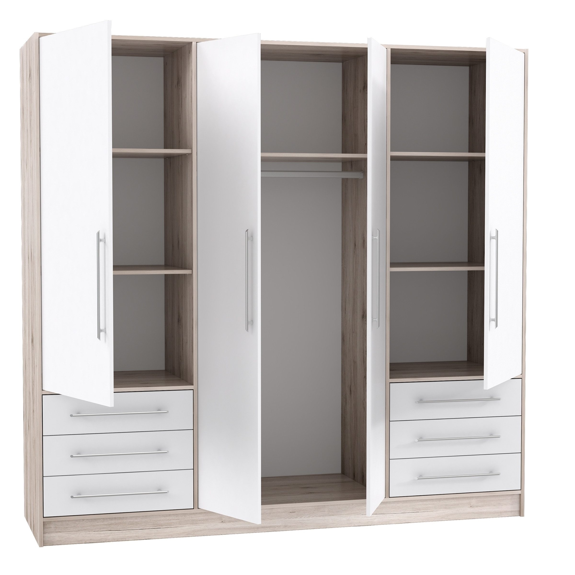 FORTE Drehtürenschrank 4 Türen, 6 Schübe, Sandeiche Dekor / Weiss - 206,5x200x60cm (BxHxT)