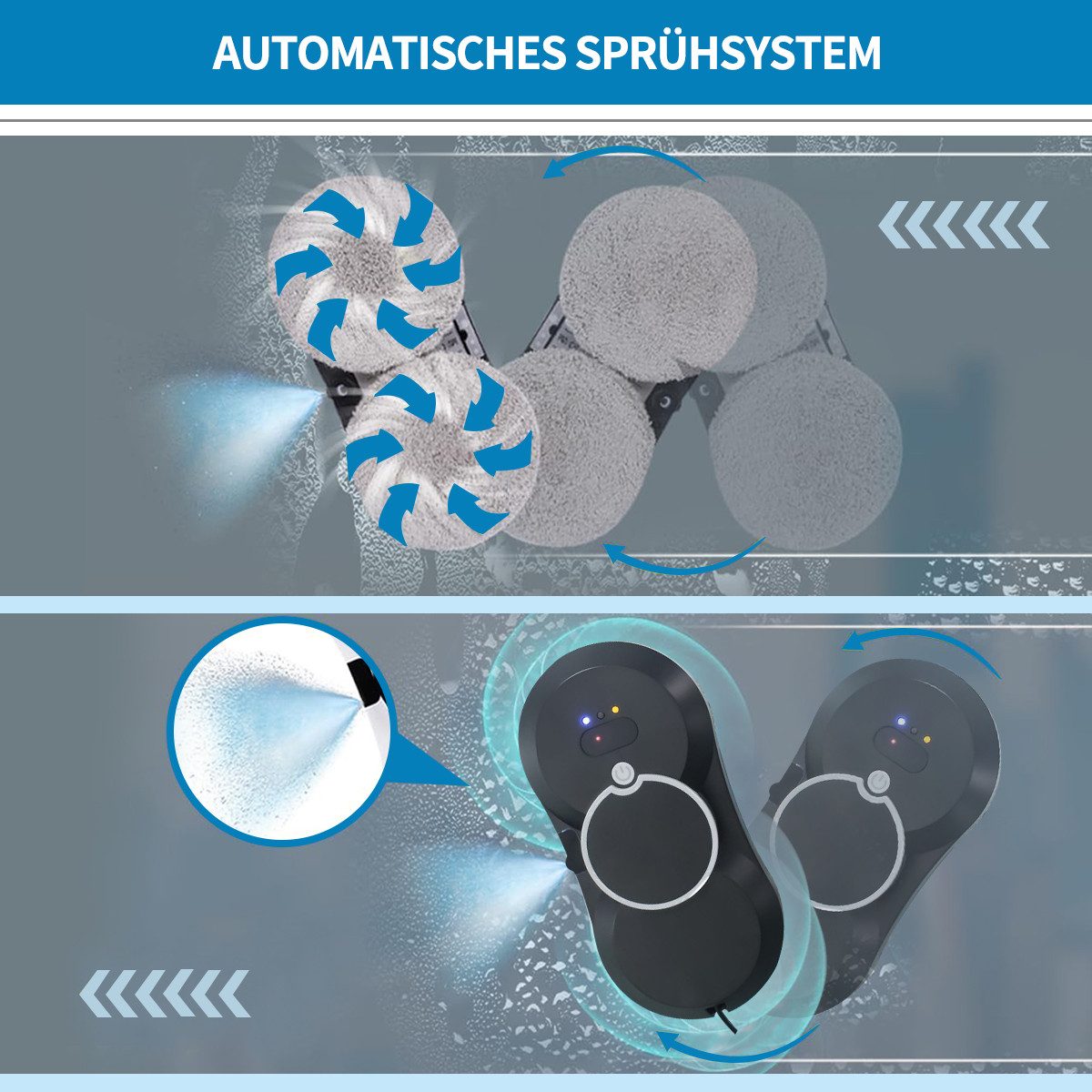 MOPUEA Fensterreiniger Fensterreiniger Elektrischer Fensterreiniger für Haus Fernbedienung EU, mit 30mL-Wassertank und drei intelligente Pfadmodi
