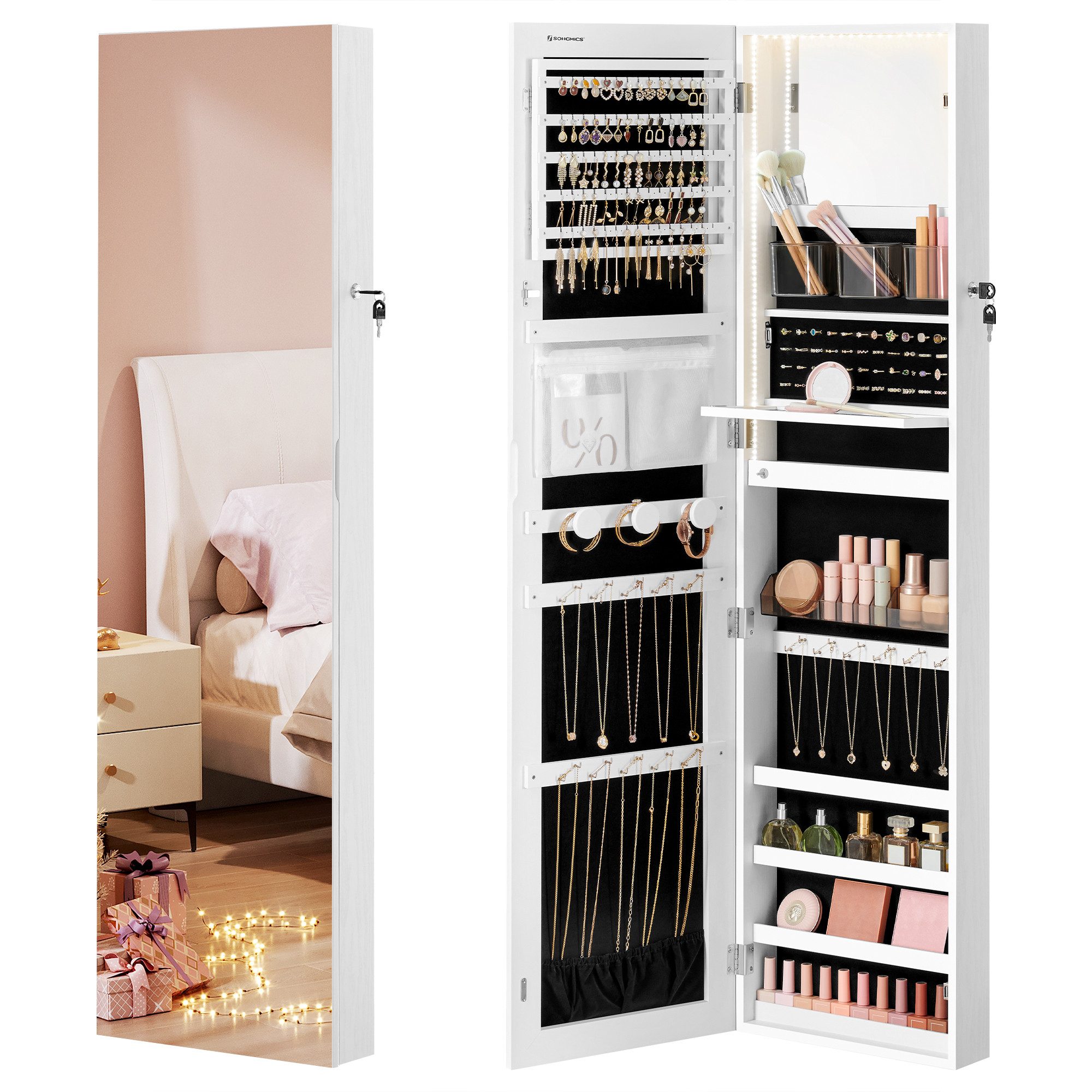 SONGMICS Schmuckschrank Schmuckorganizer Spiegelschrank wand- oder türmontiert mit beleuchtetem Innenspiegel