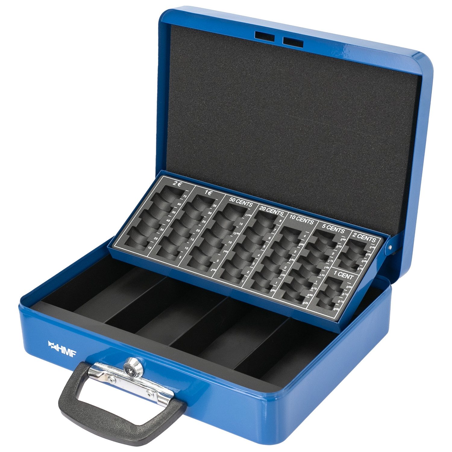 HMF Geldkassette Geldkassette abschließbar mit Münzzählbrett, Kasse mit Koffergriff, 30,5 x 24 x 8,5 cm, Blau