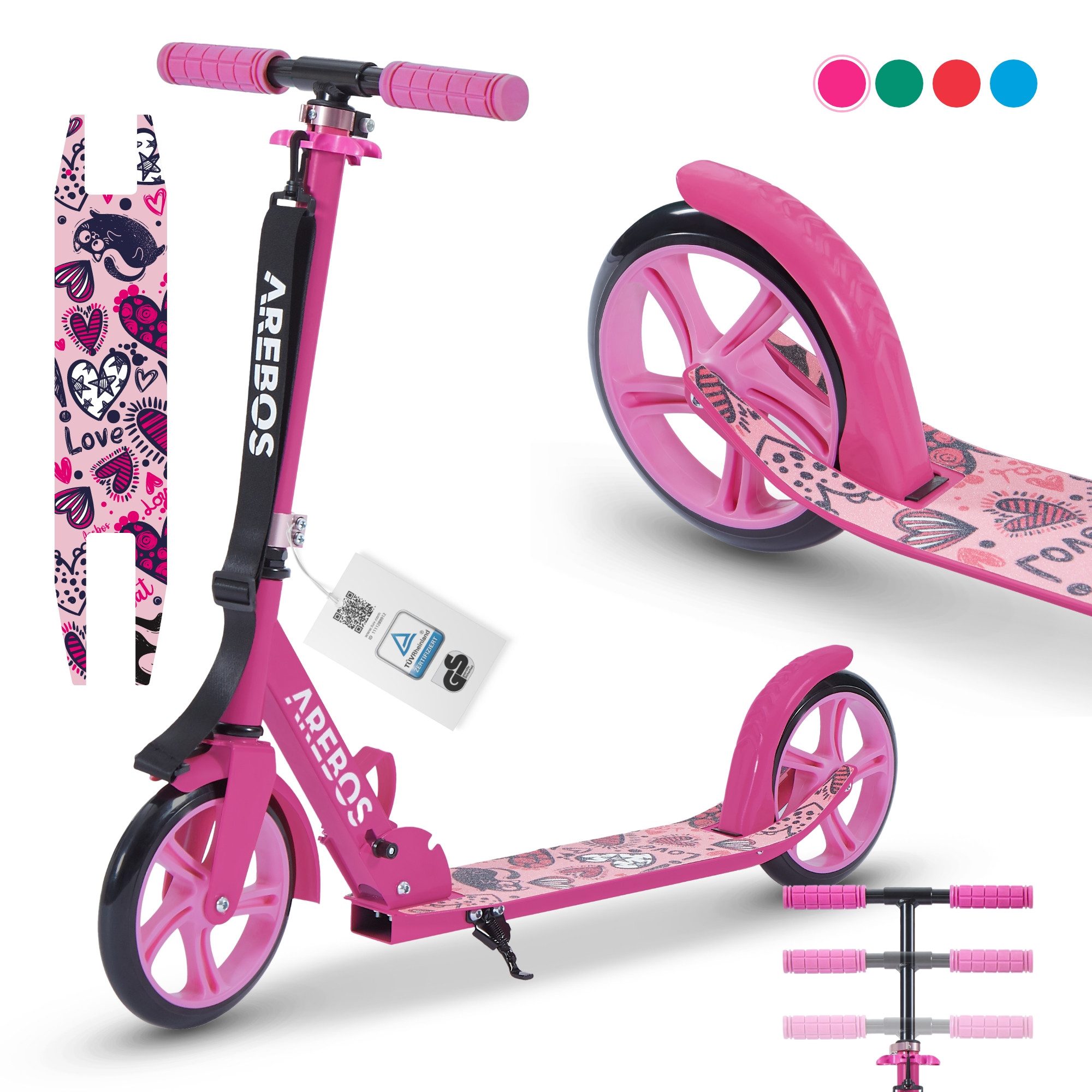 Arebos Tretroller klappbar höhenverstellbar 78–93 cm, ab 6 Jahre, 100 kg, 0 W, Fahrspaß überall: ideal für Schule, Freizeit oder kurze Wege