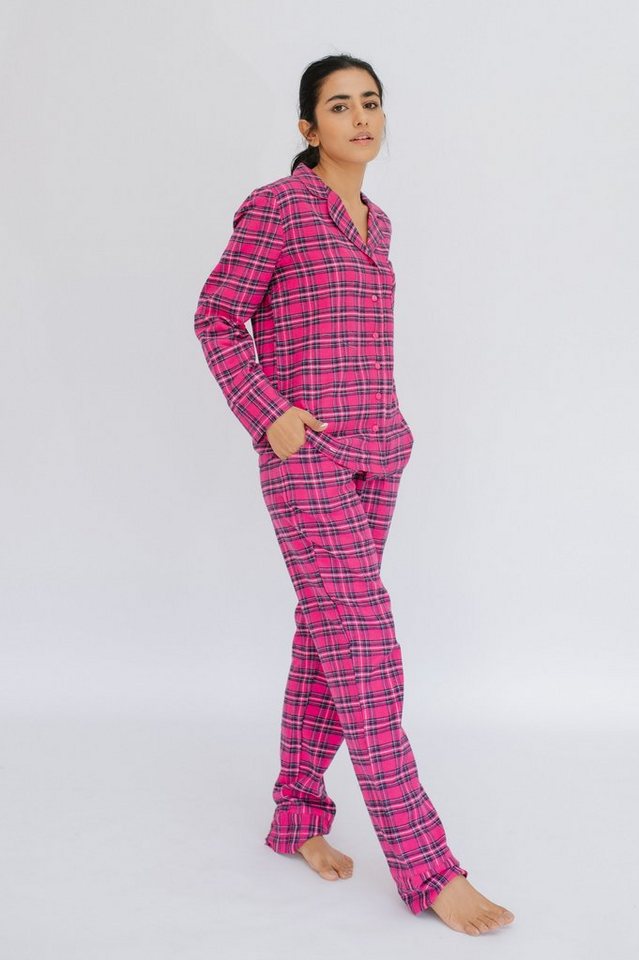 SNOOZE OFF Pyjama Schlafanzug in fuchsia-blauem Karomuster (2 tlg., 1 Stück)  mit Kontrastpaspel-Details