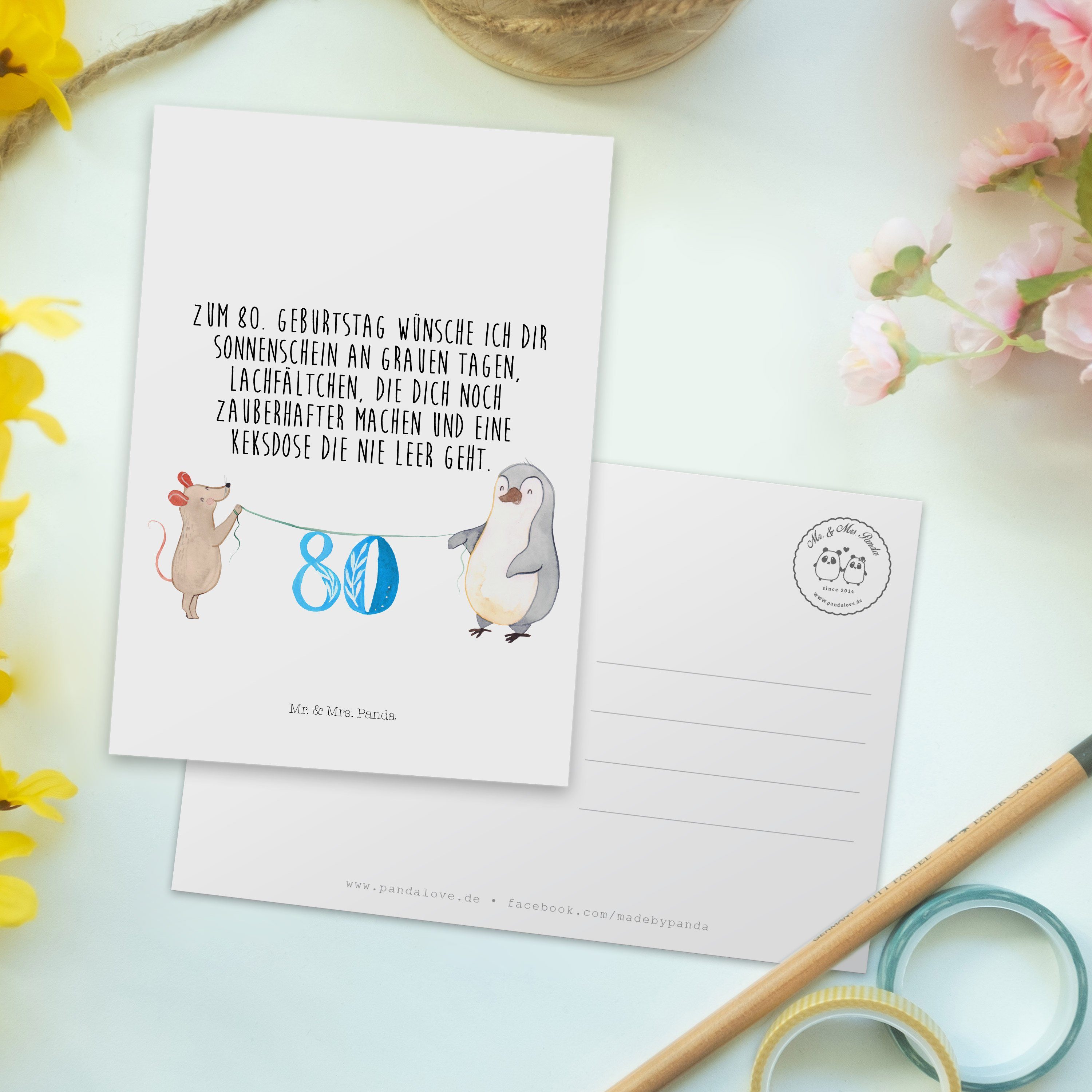 Mr. Geschenk, Einladu Mrs. Maus - Panda Postkarte Ansichtskarte, Geburtstag Pinguin Weiß 80. & -