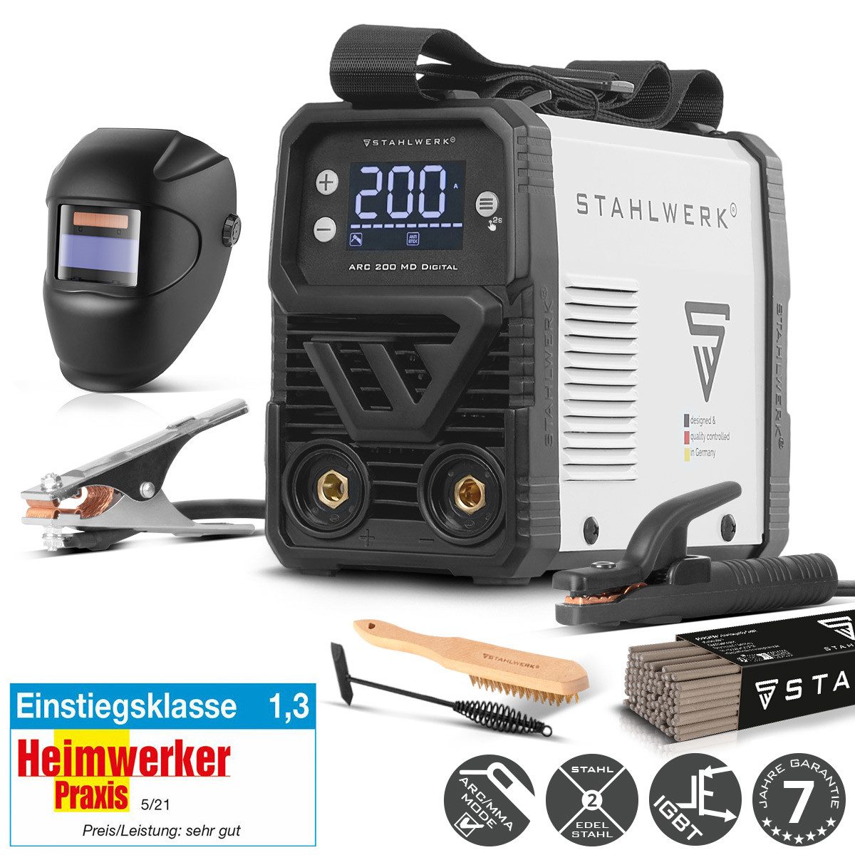 STAHLWERK Inverterschweißgerät ARC 200 MD Digital Inverter E Hand Schweißgerät 200 A Vollausstattung, Packung}, 8-tlg., Vollausstattung, Vollausstattung E-Hand, Lift-TIG Inverter mit 200 Ampere