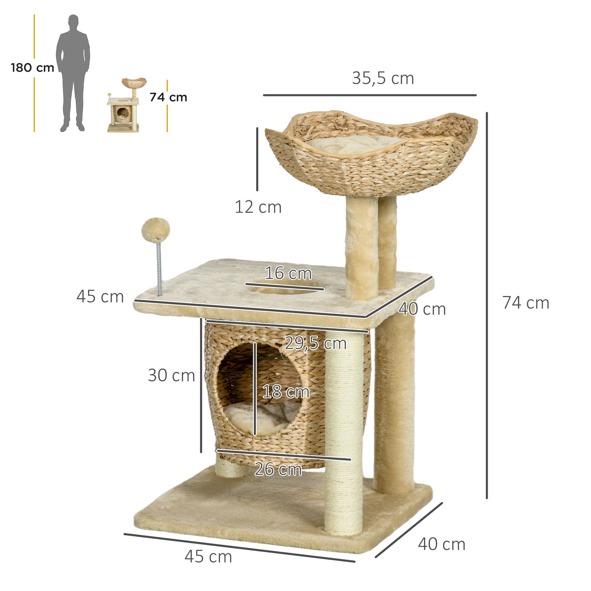 PawHut Kratzbaum Kratzmöbel mit Katzenhöhle, Spielball, Kletterturm mit Bett, für Wohnzimmer, Beige