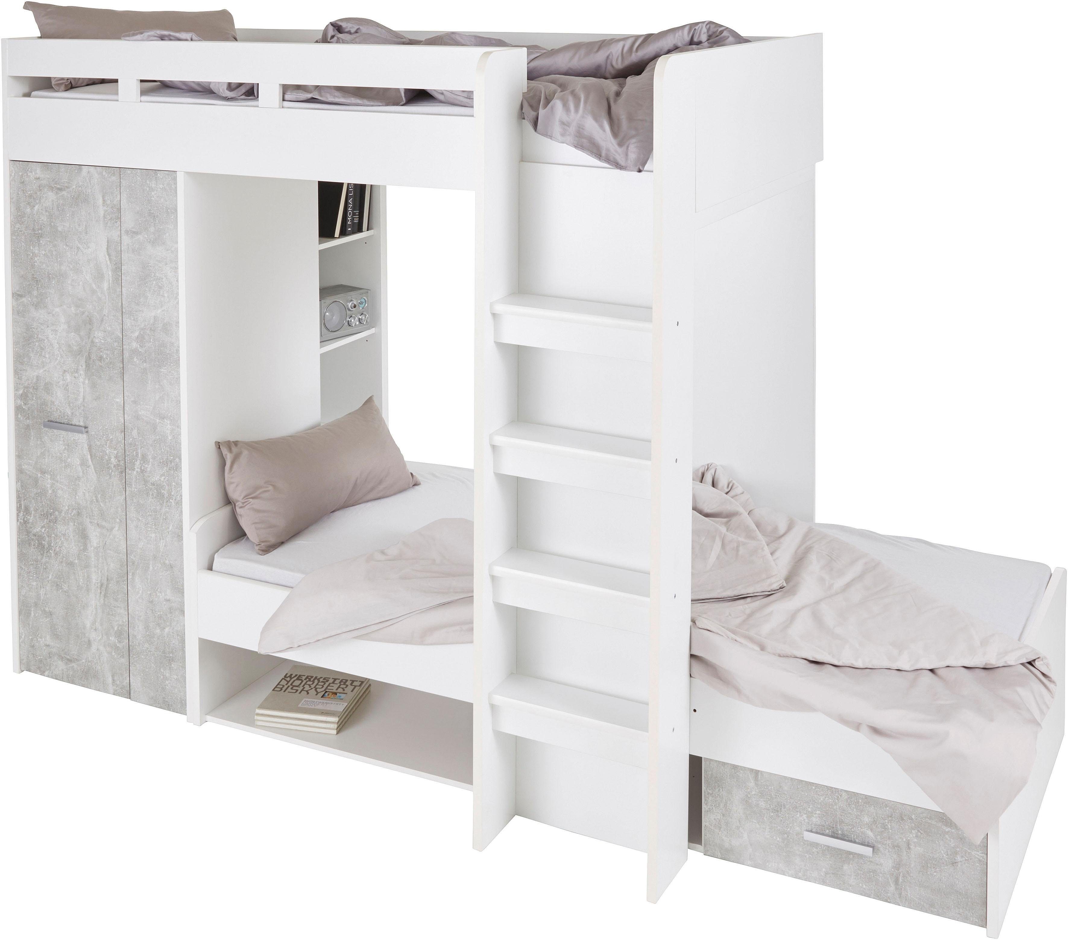 Begabino Hochbett mit 2 Liegeflächen, Kleiderschrank und Regalen