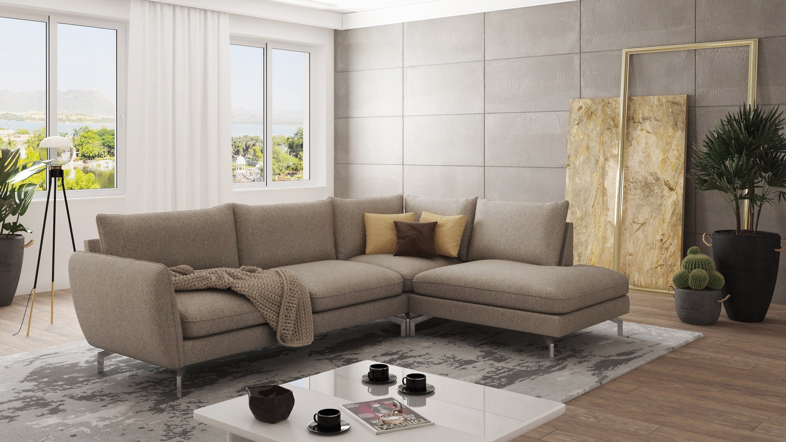 S-Style Möbel Ecksofa Modernes Benita mit Silber Metall Füßen, mane links oder rechts bestellbar, mit Wellenfederung Dunkelbeige