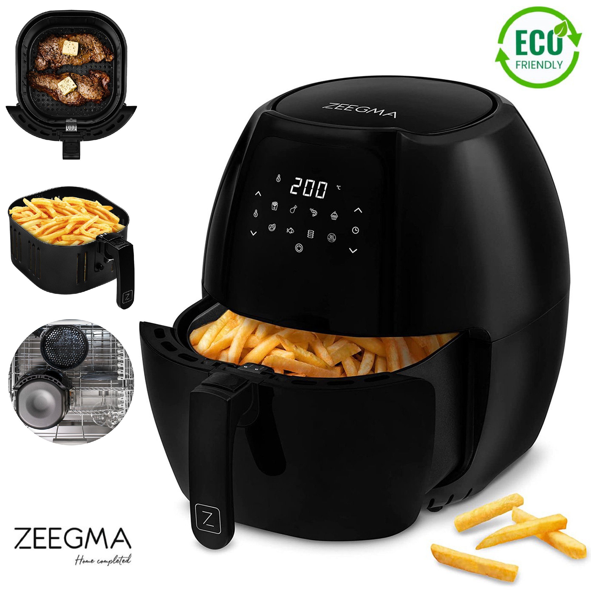 Zeegma Heißluftfritteuse KNAPPER GRAND BLACK, 1800,00 W, 9 Kochmodi, LCD Dispaly mit Touchpanel, 6-Liter-Korb, 7.7-Liter-Schussel