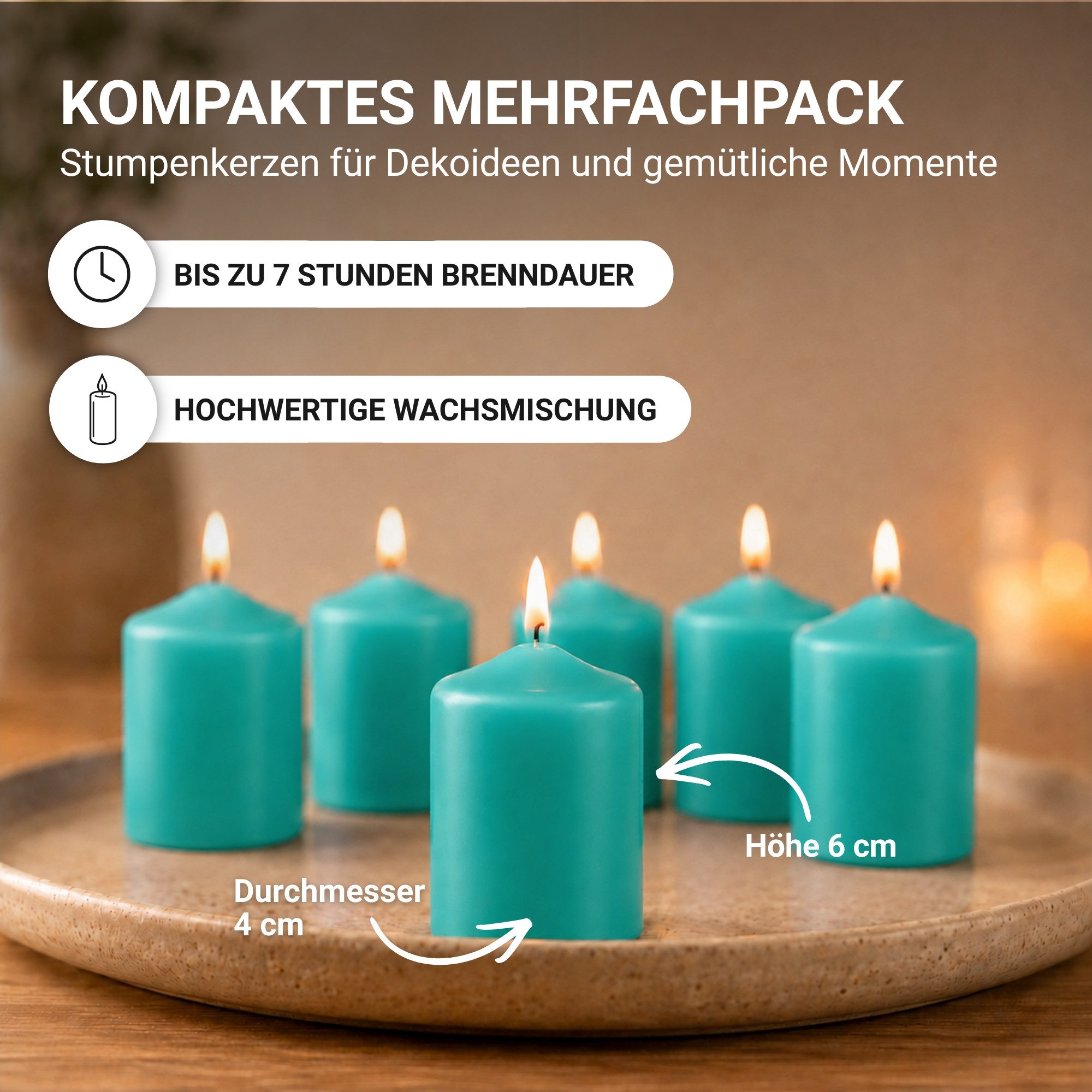HS Candle Stumpenkerze Set kompakt und unparfümiert, Ø4cm x H6 cm (6-tlg., Dekolicht), bis zu 7h Brenndauer je Kerze, Wachsmischung, Made in EU – Bild 2 von 5