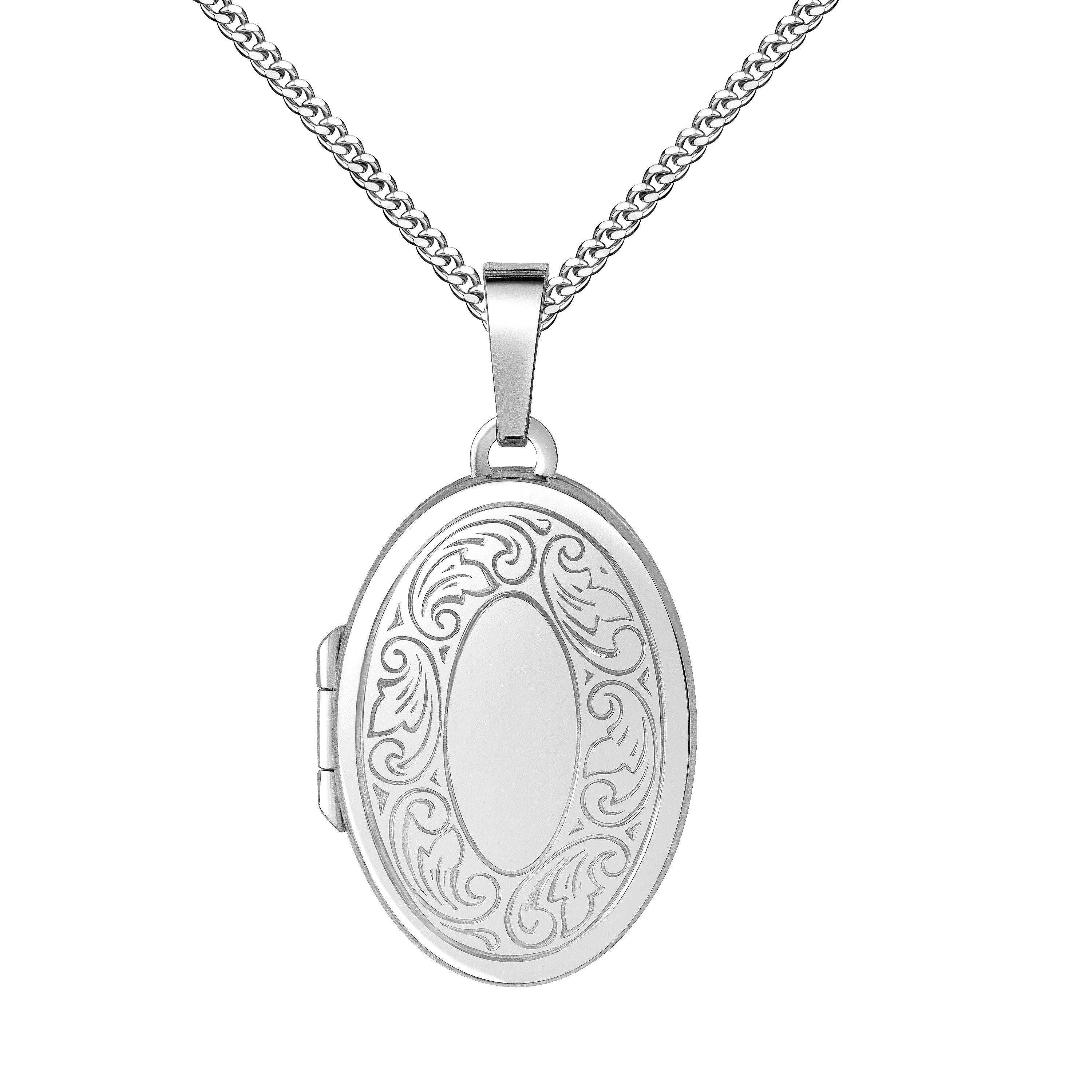 JEVELION Silberkette mit Medaillon oval OrnamentVerzierung 925 Silber Anhänger für 2 Bilder (Fotomedaillon, für Damen, Frauen und Mädchen), Amulett mit Kette - Länge wählbar 36 - 70 cm oder ohne Kette.