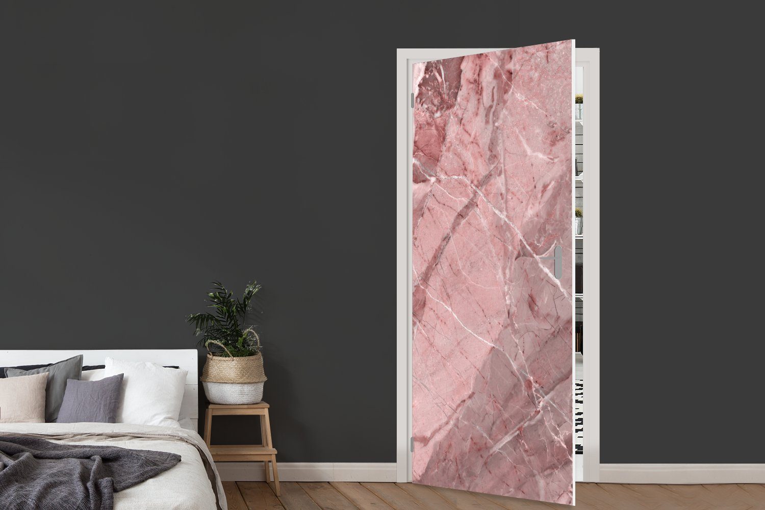 - Türtapete MuchoWow Weiß Granit, - 75x205 (1 Tür, Türaufkleber, Matt, bedruckt, Fototapete cm - Kristalle Rosa für St),