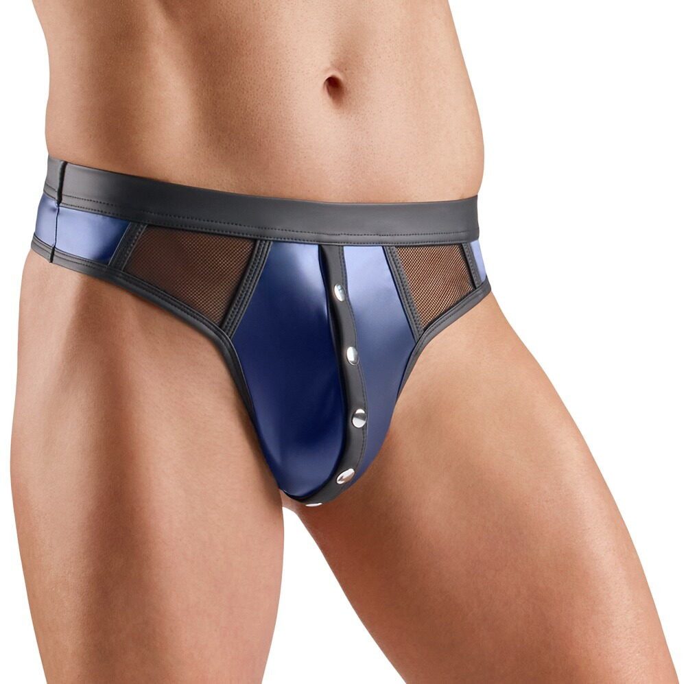 Svenjoyment String String mit Druckknöpfen halb transparent Netz und Wetlook - schwarz, b (1-St) Vorne mit Druckknöpfen zum Öffnen
