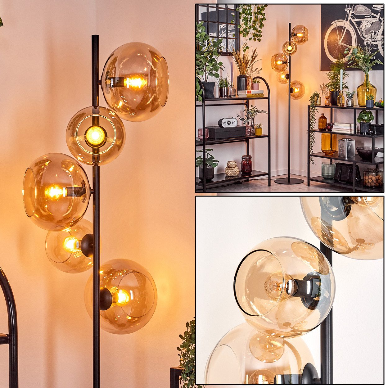 hofstein Stehlampe Stehlampe aus Metall/Glas in Schwarz/Bernsteinfarben mit Fußschalter, ohne Leuchtmittel, Stehleuchte im Retro/Vintage-Design mit Glasschirmen (15; 20cm), E14
